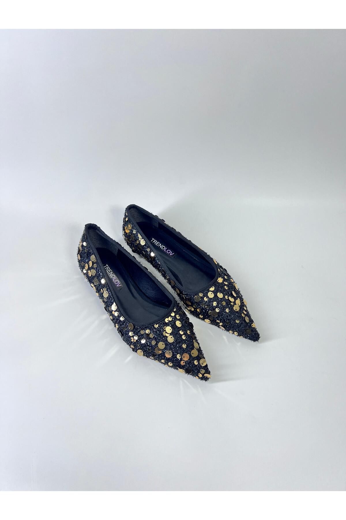 Trendlov-Black Gold Sequined Ballerinas 1