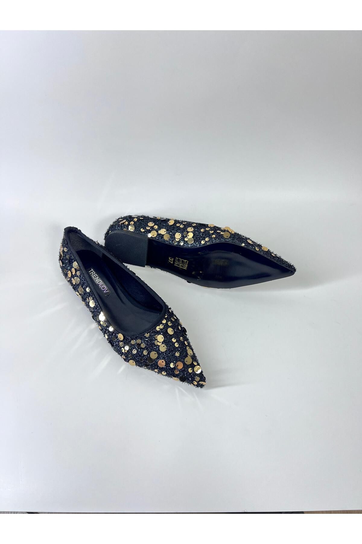 Trendlov-Black Gold Sequined Ballerinas 5