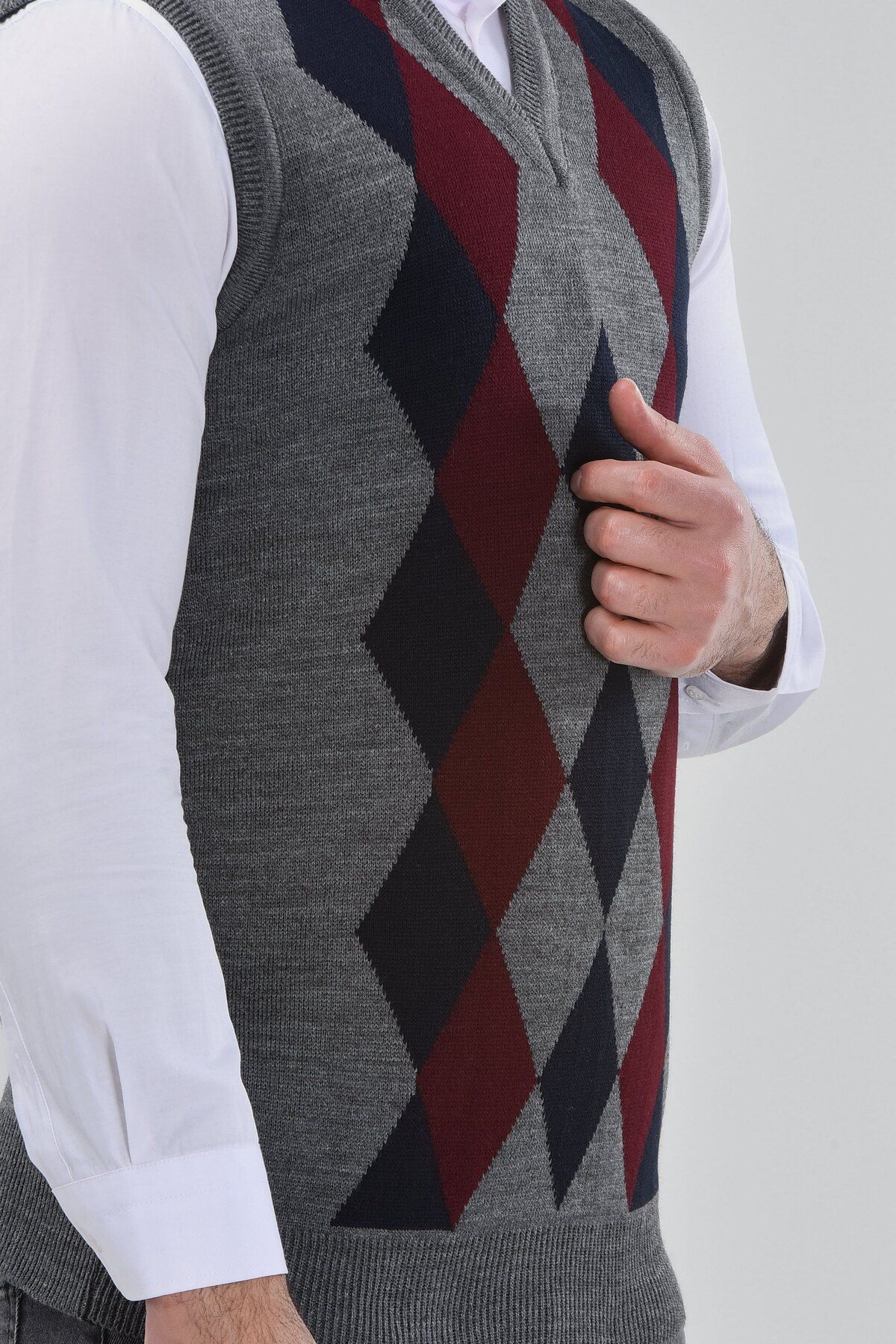 HEDEFNUR TEKSTİL-Men's and Middle-Aged Diamond Patterned Winter Thick Knitwear V-Neck Knitwear Sweater 4