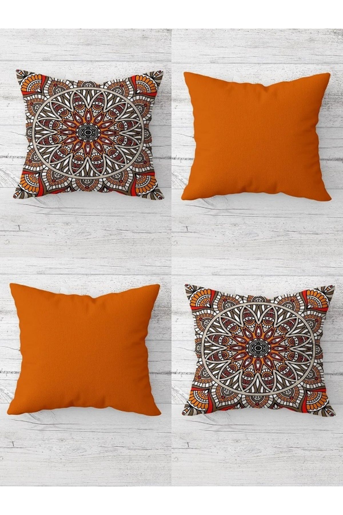ALAMODECOR Etnik Desenli Turuncu Renkli ÇİFT TARAFLI Dijital Baskılı 4'lü Kırlent Kılıfı Koltuk Yastık Kılıfı