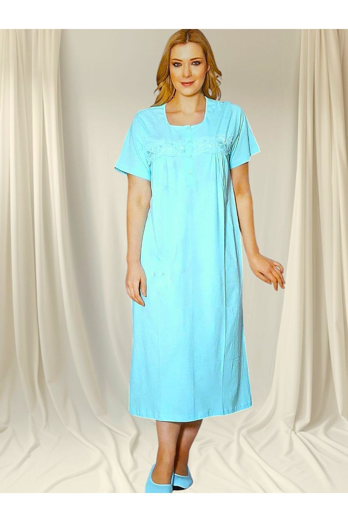 Özalper Kısa Kol  Pamuklu Gecelik Anne Geceliği MAVİ