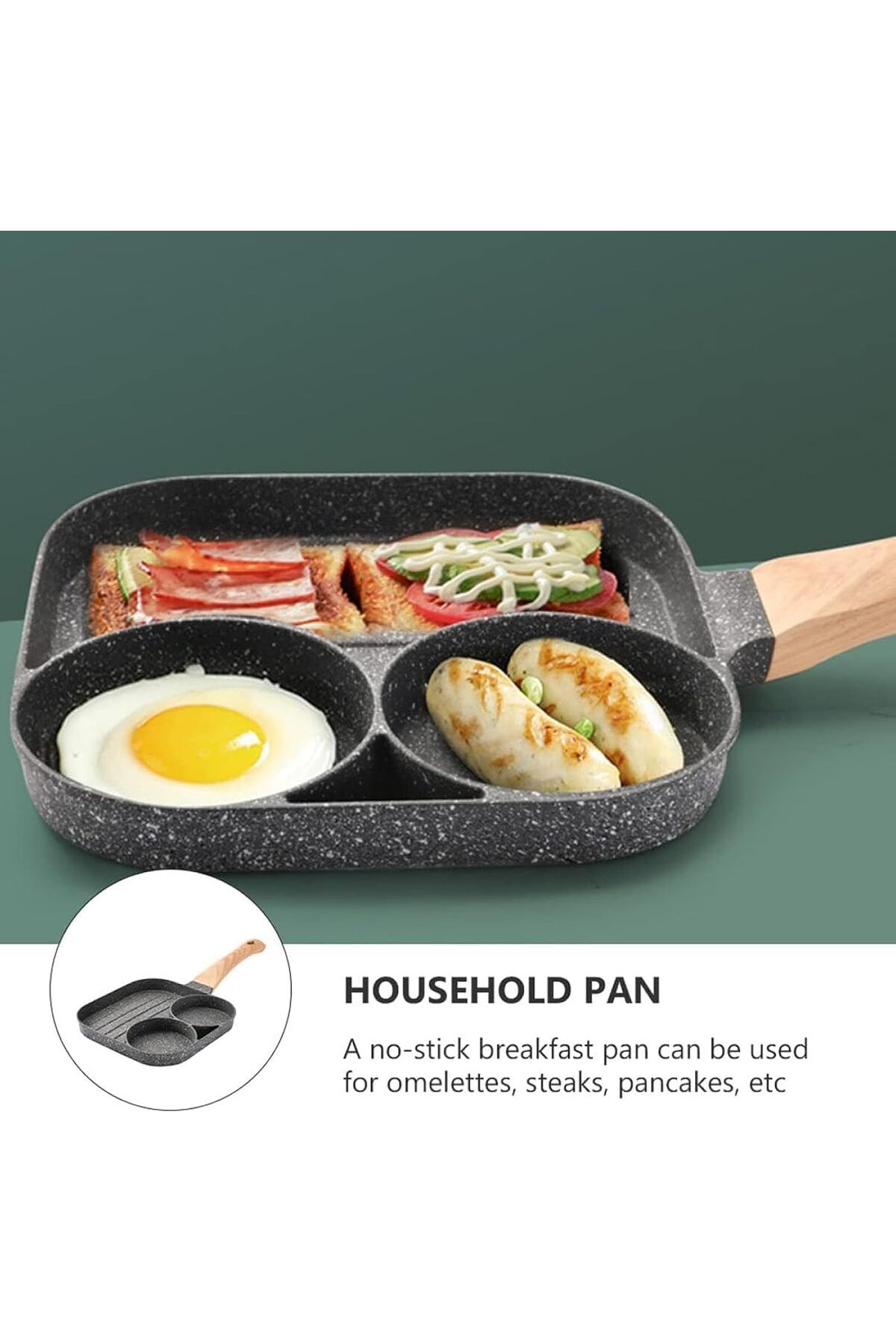 AWH-3-Section Nonstick Egg Frying Pan, 3-in-1 Grill Pan for Steak, Sausage & Omelette (Black) 3