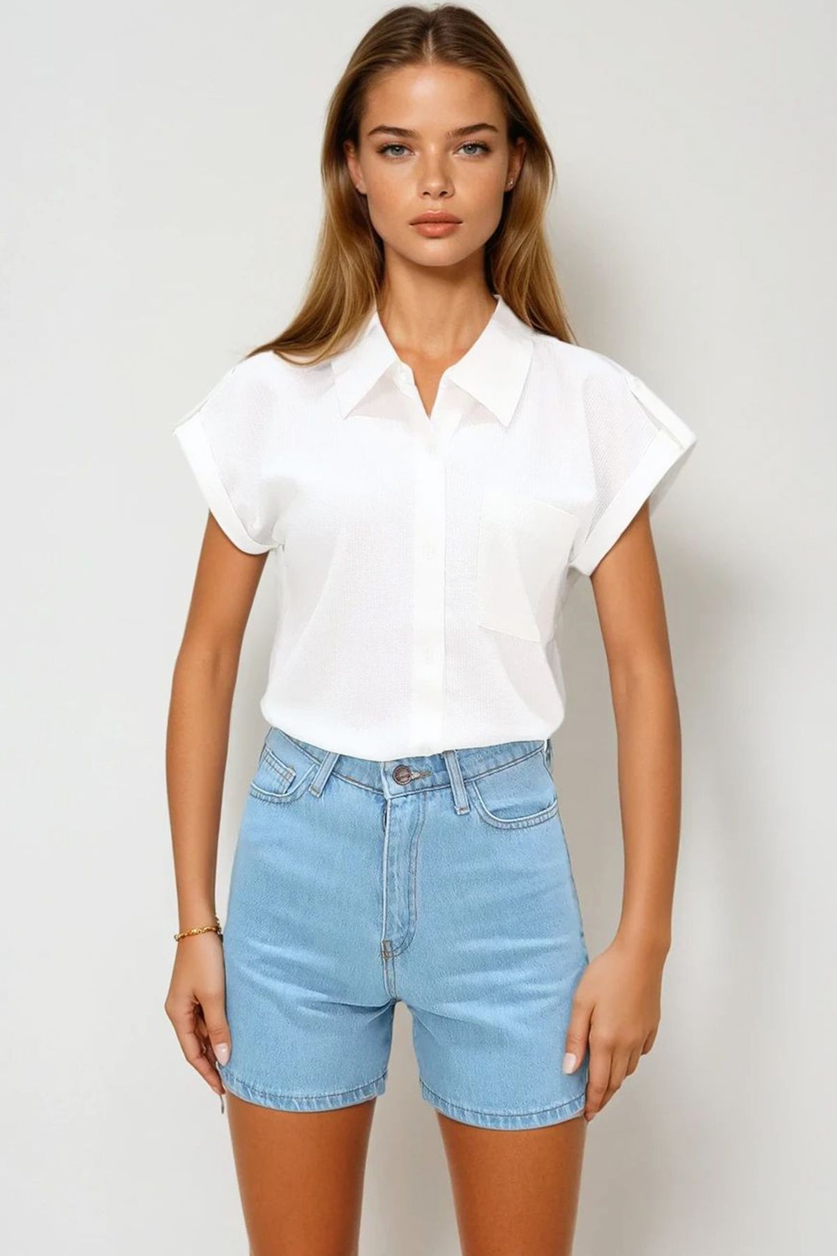 VAGGON-Women's White Cuffed Double Short Sleeve Textured Shirt Vgn-X8724 1