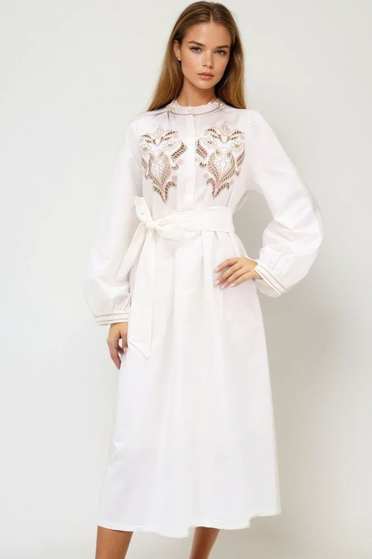 VAGGON-Women's White Prevailing Neck Front Embroidered Balloon Sleeve Belt Lined Woven Dress Prmx11568 2