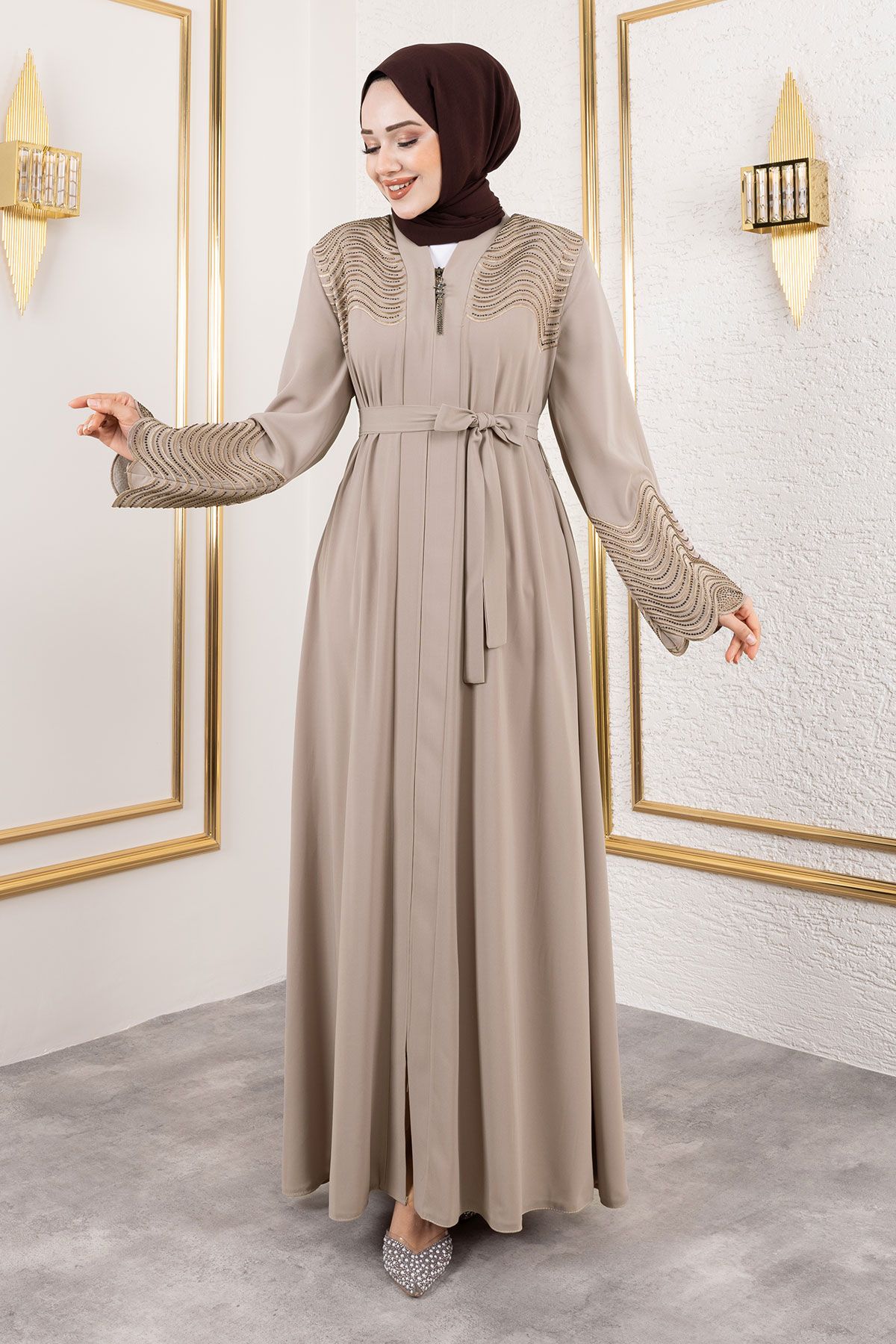 Tesettür Dünyası-Beige Abaya with Embroidery and Stone Detail, Tsd 250110 1