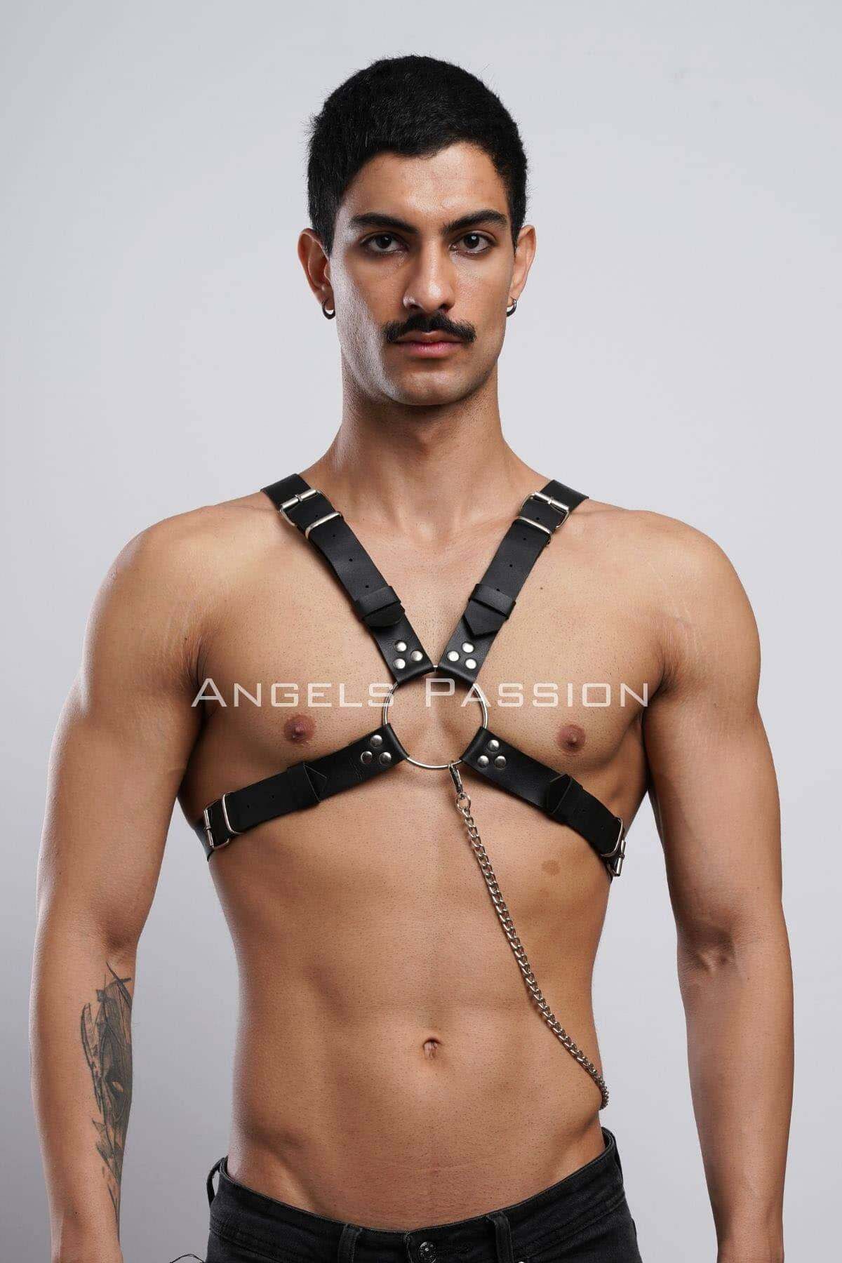 Angels Passion Zincir Detaylı Deri Erkek Göğüs Harness, Partywear, Clubwear
