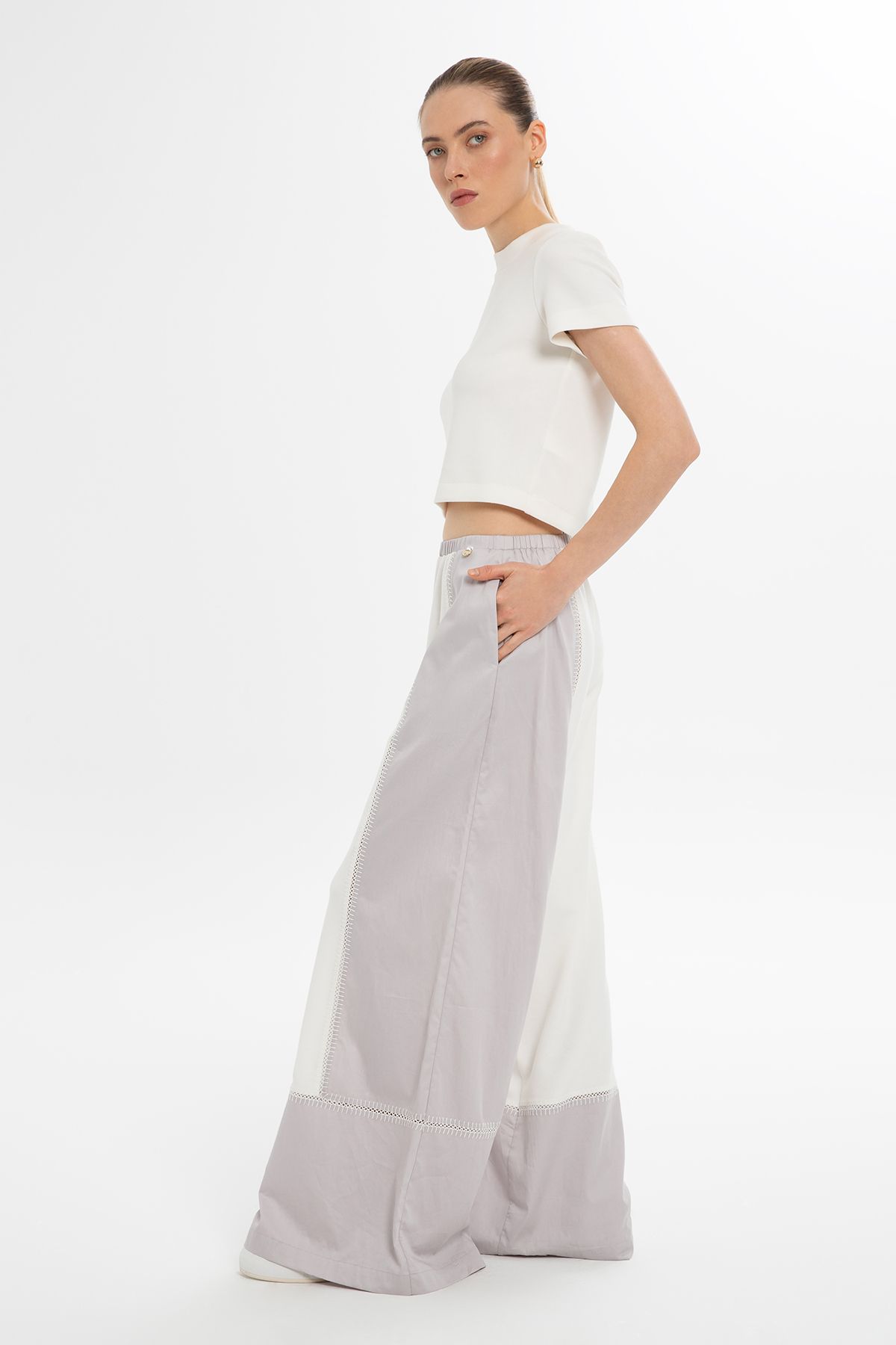 GİZİA-Loose Fitting Two-Color Gray Trousers 2