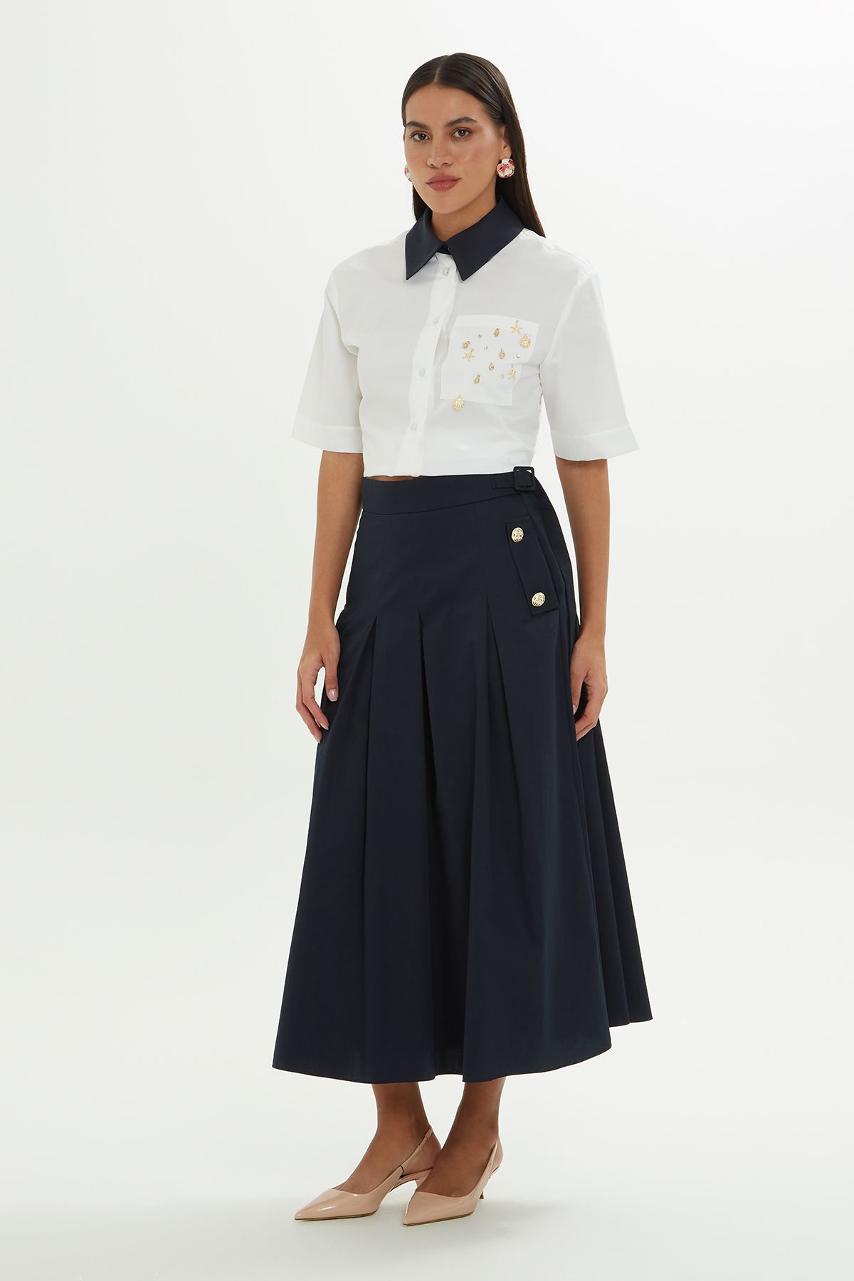 GİZİA-Belt Detailed Navy Blue Midi Skirt 3