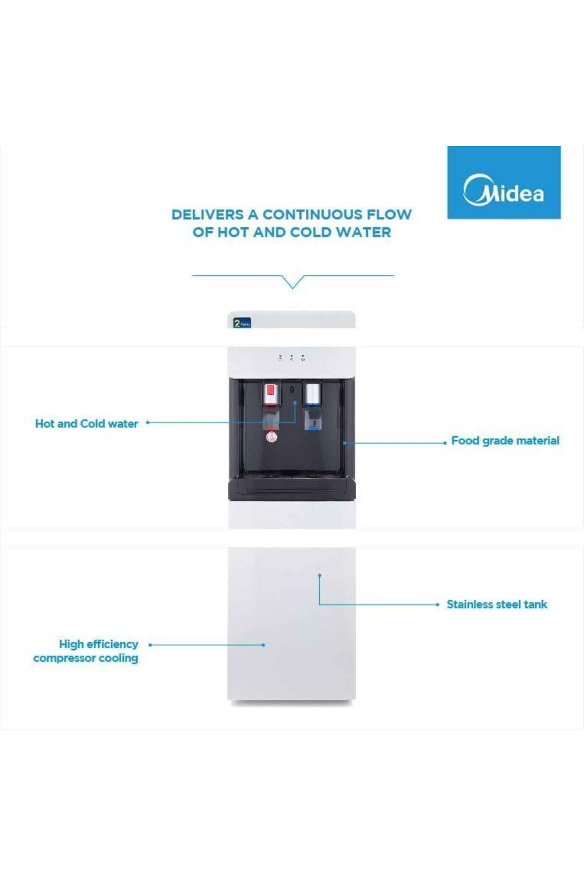 Krome-Midea Top Loading Water Dispenser  | Floor Standing | Child Safety Lock | Ice Cold Tech  |  White 2