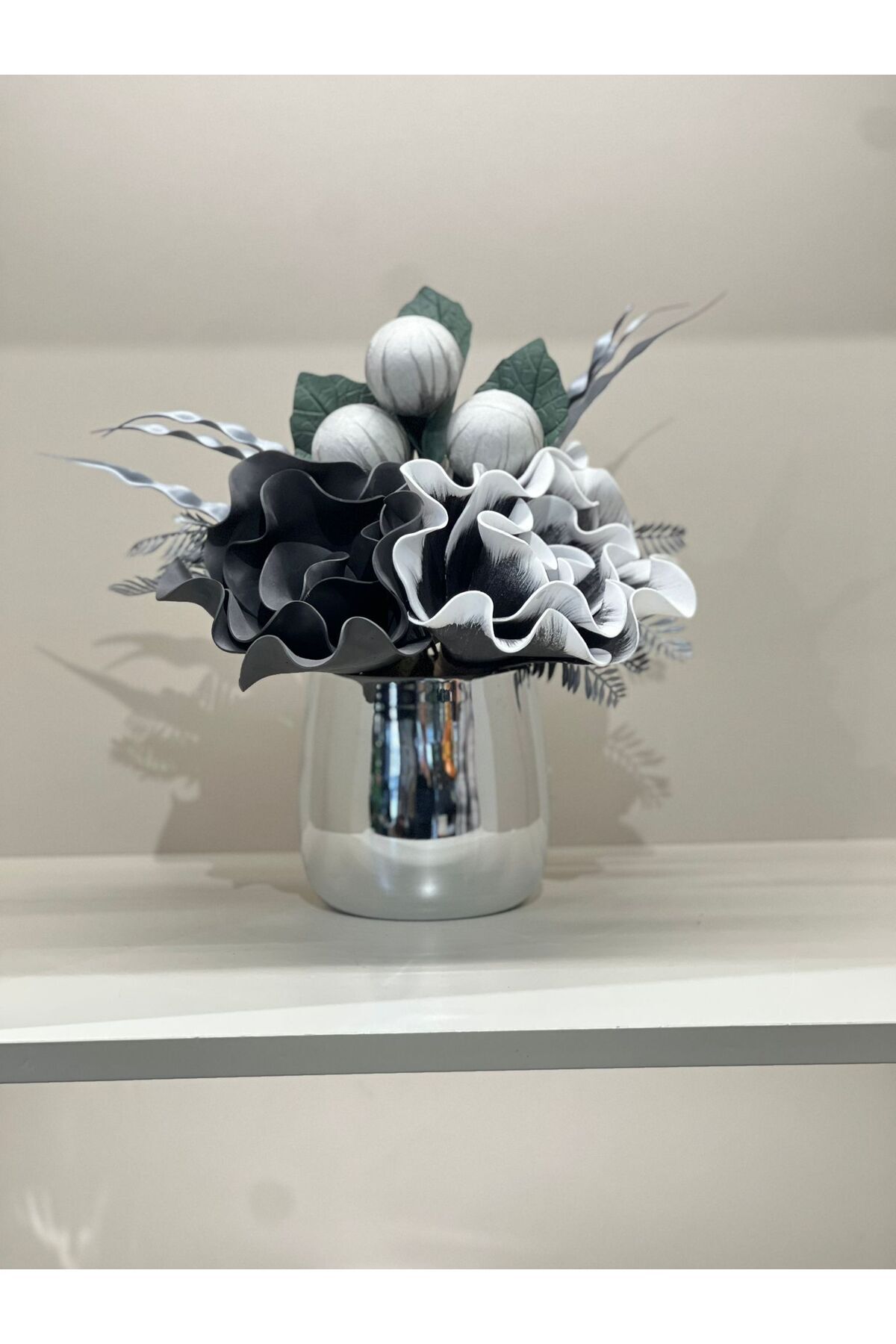 TASARIMHMODA-Silver Vase with Artificial 3 Flowers No:6 1