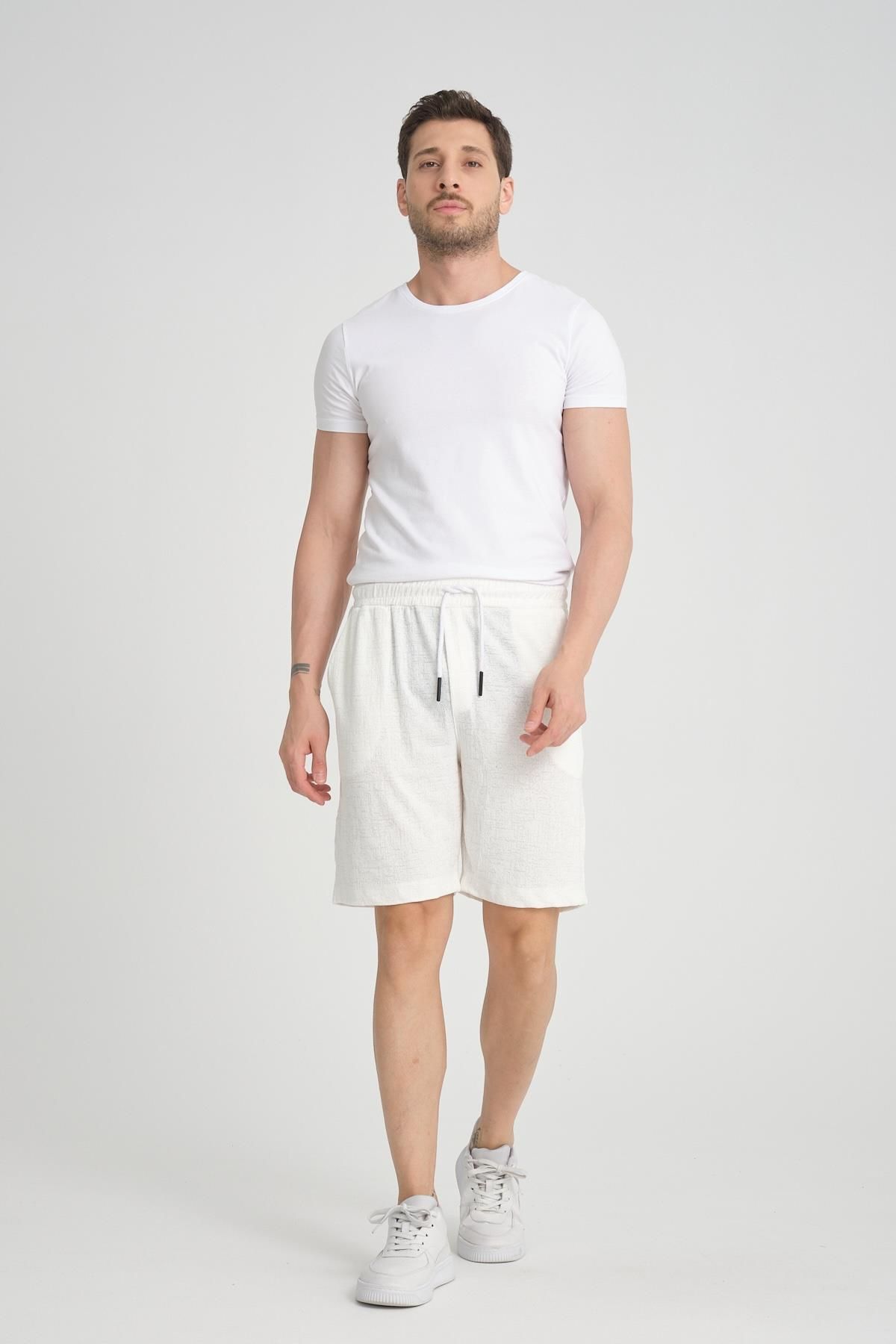 Valiberta-White Lycra Knitted Patterned Elastic Shorts 4