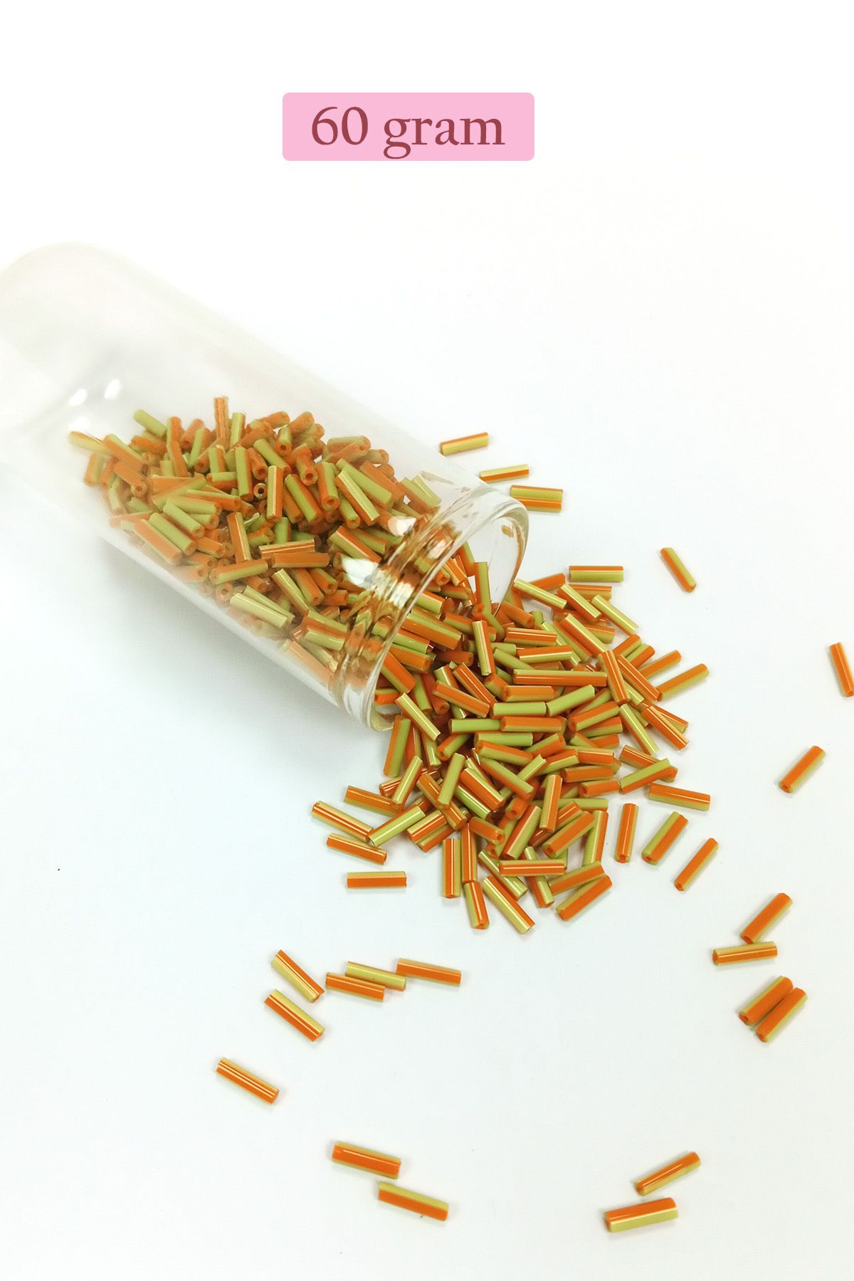 Mu Art Uzun Boru Kesme Boncuk Çap 2Mm Uzunluk 10 Mm - 60 Gram - Yeşil Turuncu - Bnc300