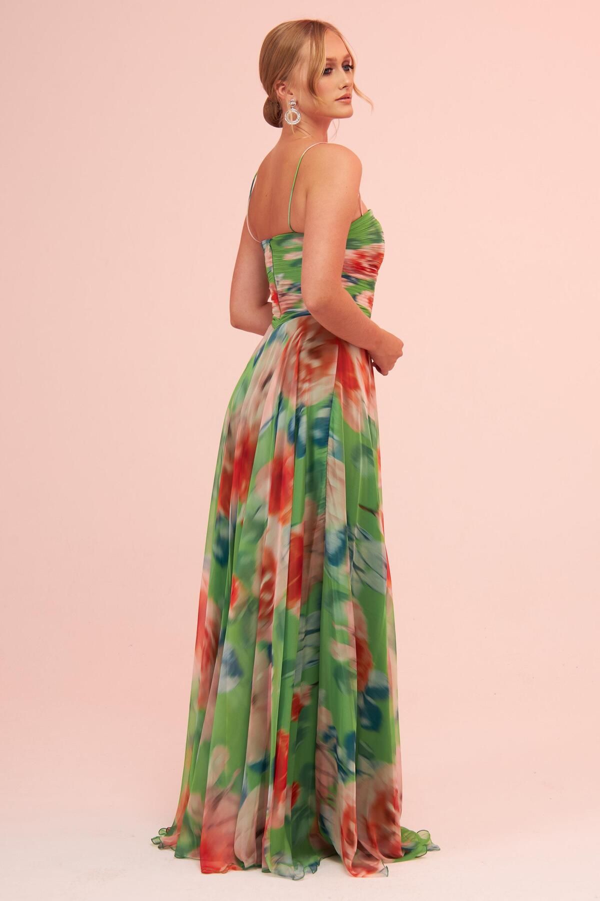 Carmen-Green Strap Slit Printed Evening Dress 4