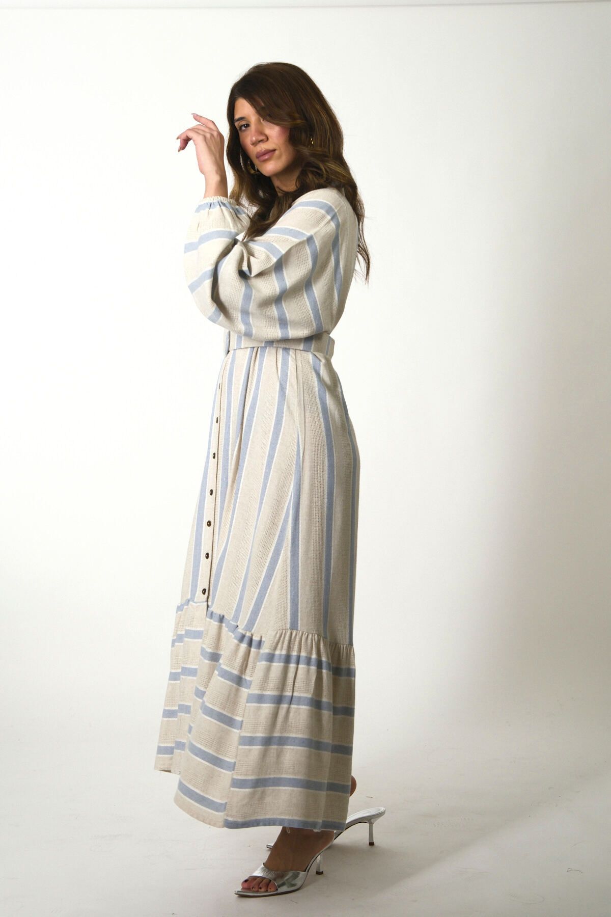 ABBRA-Women's Prevailing Neckline Striped Summer Dress with Belt 2