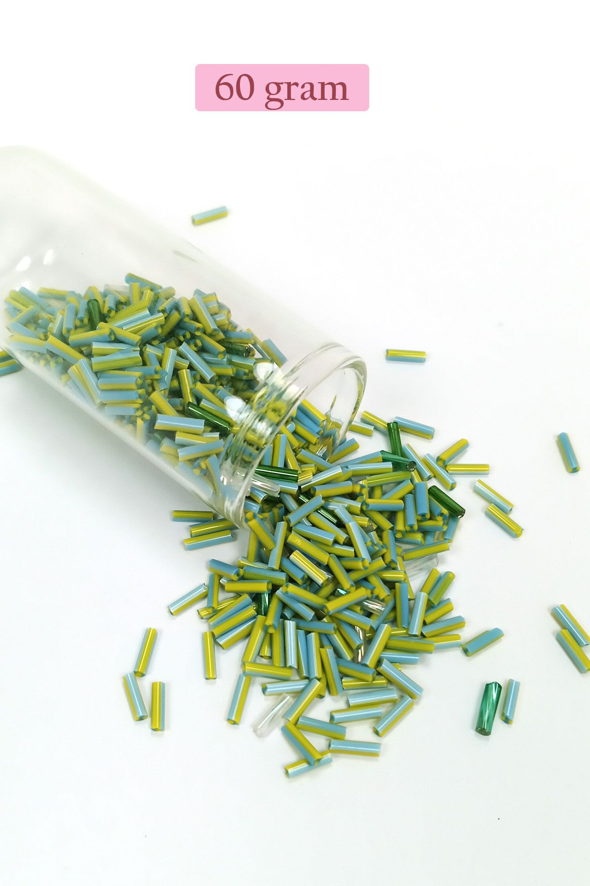 Mu Art Uzun Boru Kesme Boncuk Çap 2Mm Uzunluk 10 Mm - 60 Gram - Yeşil Mavi - Bnc289