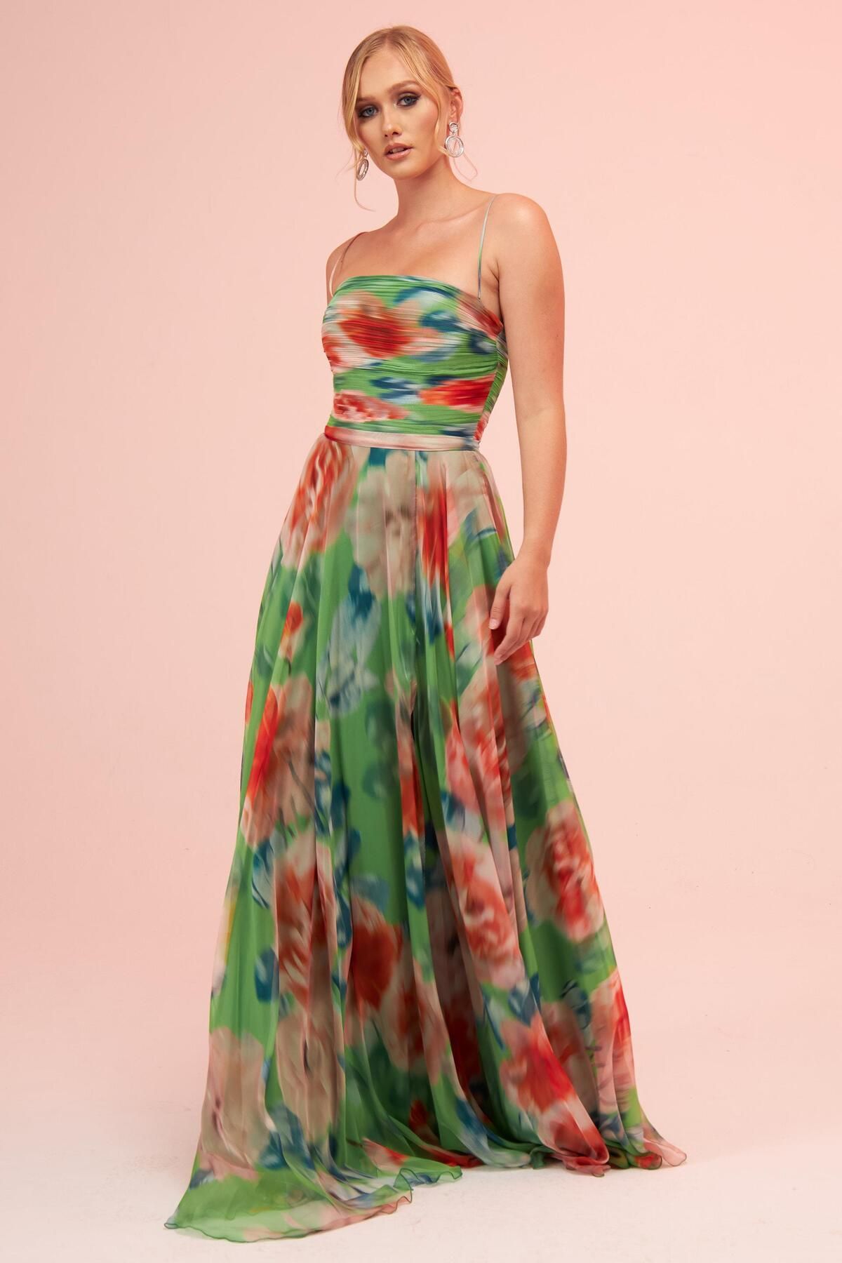 Carmen-Green Strap Slit Printed Evening Dress 3