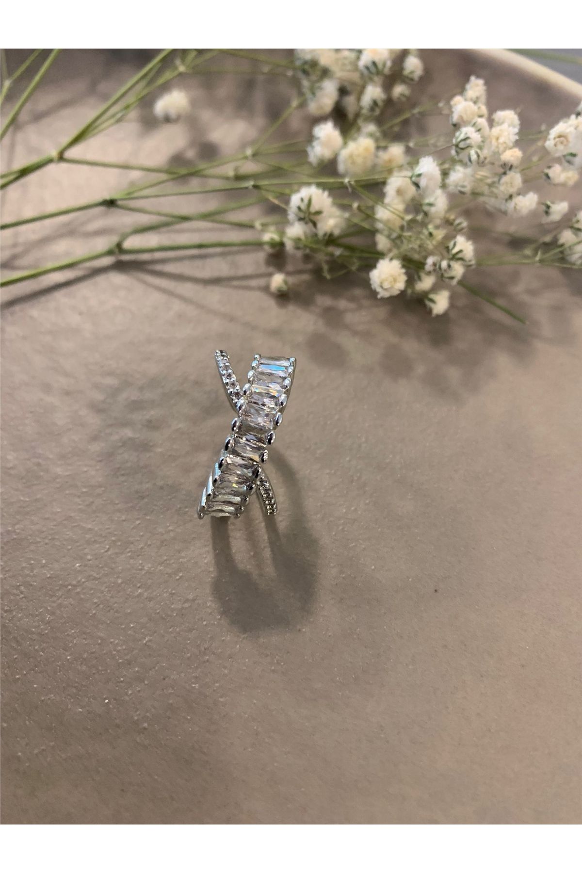 Pelin Aksesuar-Silver Baguette Zircon Tamtur Cross Adjustable Ring 1