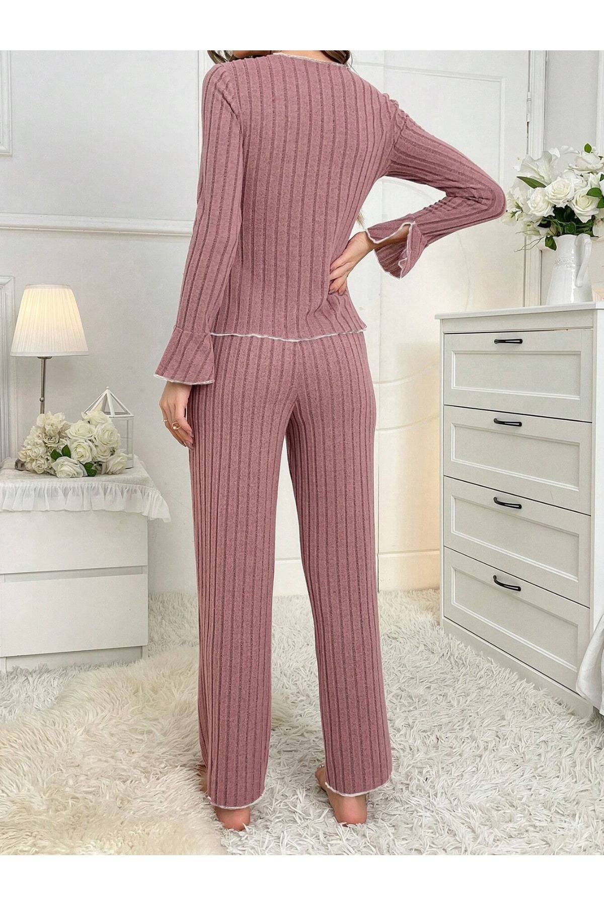 BELLA NOTTE Σετ πιτζάμες με μακρυμάνικο βολάν Dusty Rose