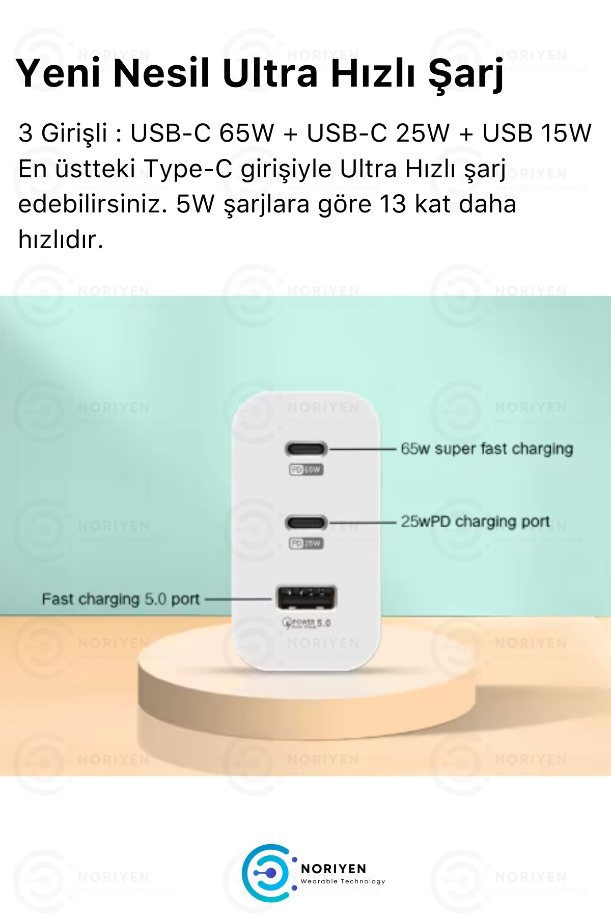 Yeni Nesil 3in1 65W Ultra Hızlı Şarj Tüm Telefonlara Uyumlu Type-C ve USB 3 Girişli Güç Adaptör
