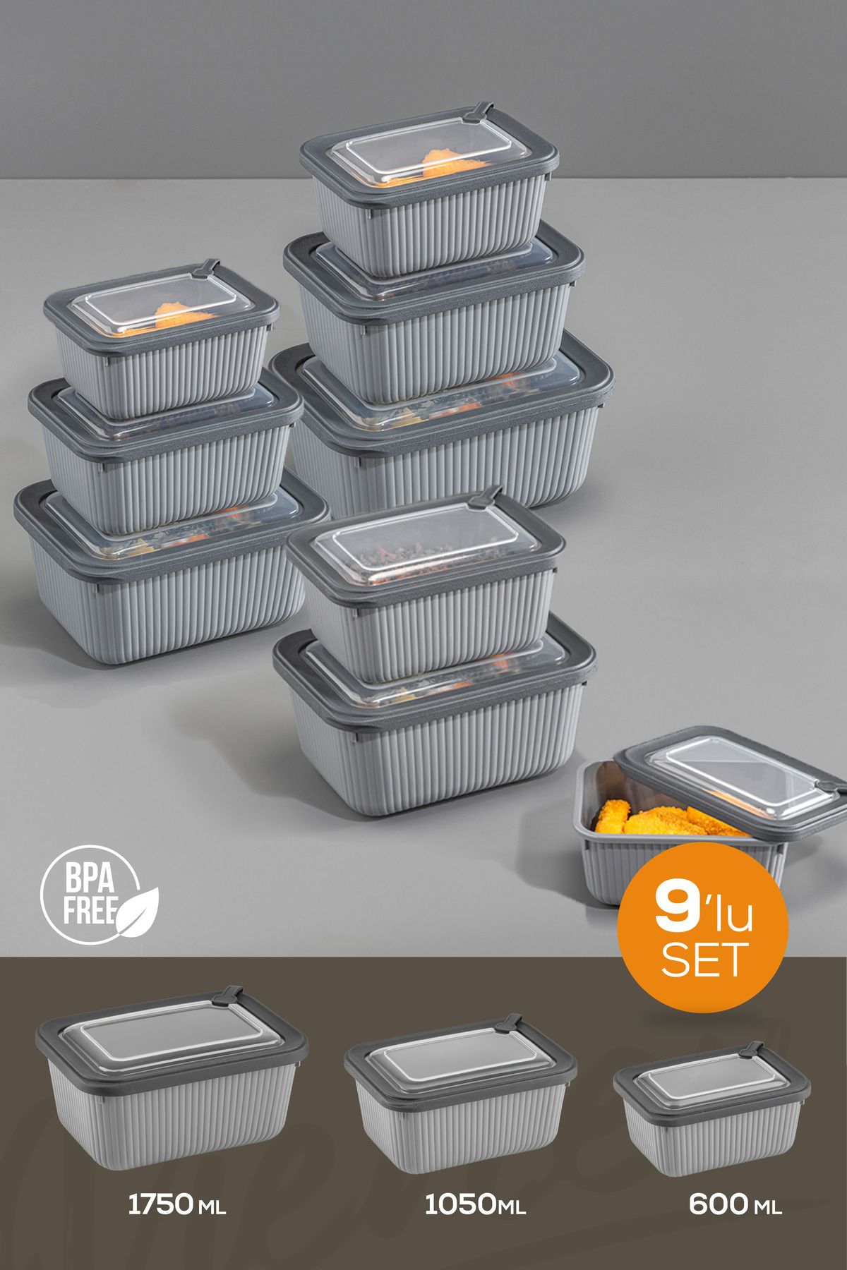 Vienev-9-Piece Vip Rectangular Microwave and Diffracted Suitable Storage Container Set Gray 3X(1750,1050,600 ml) 1