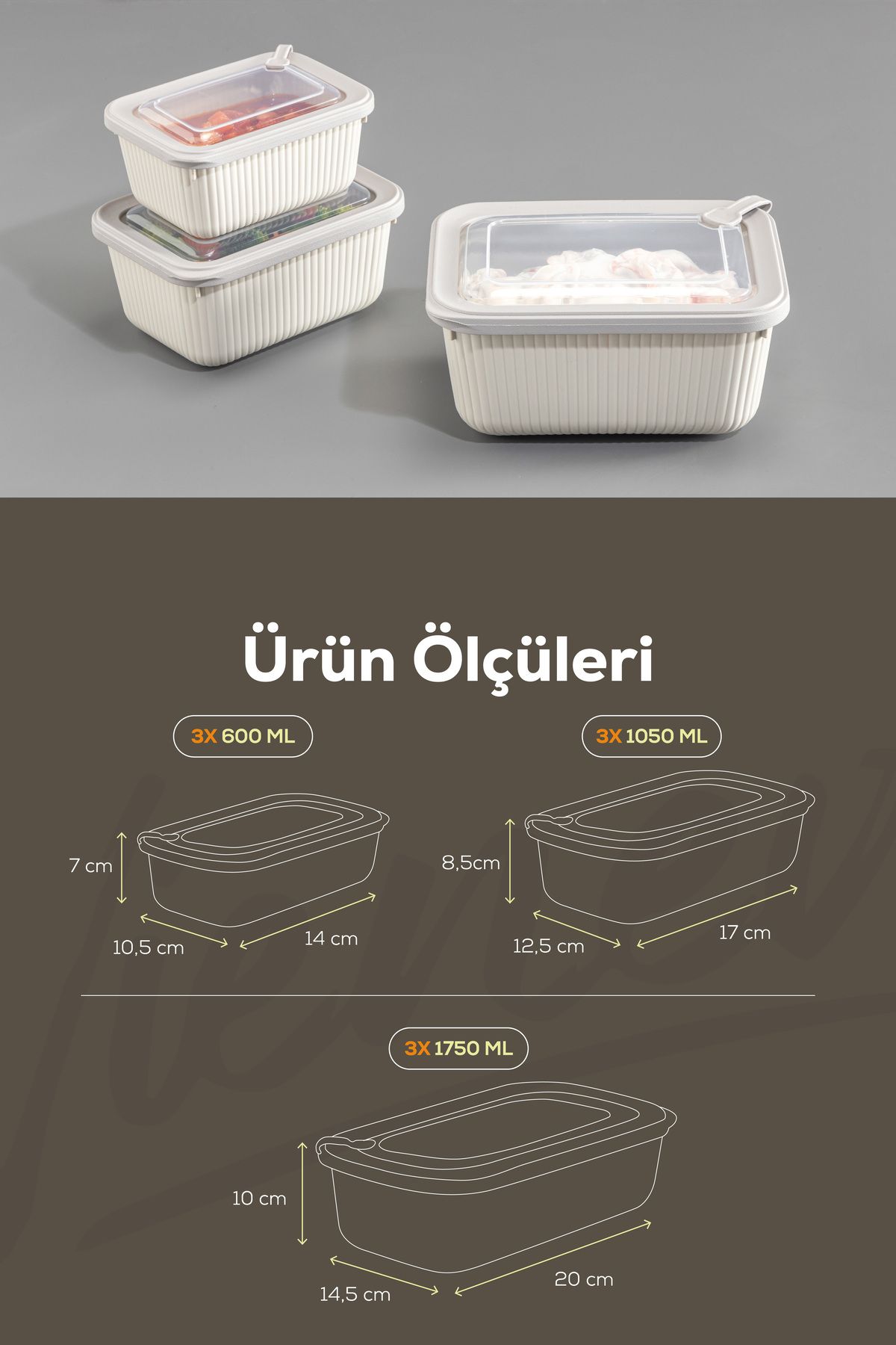 Vienev-Beige 3X(1750,1050,600 ml) Vip Rectangular Microwave & Diffuse Storage Container Set 2