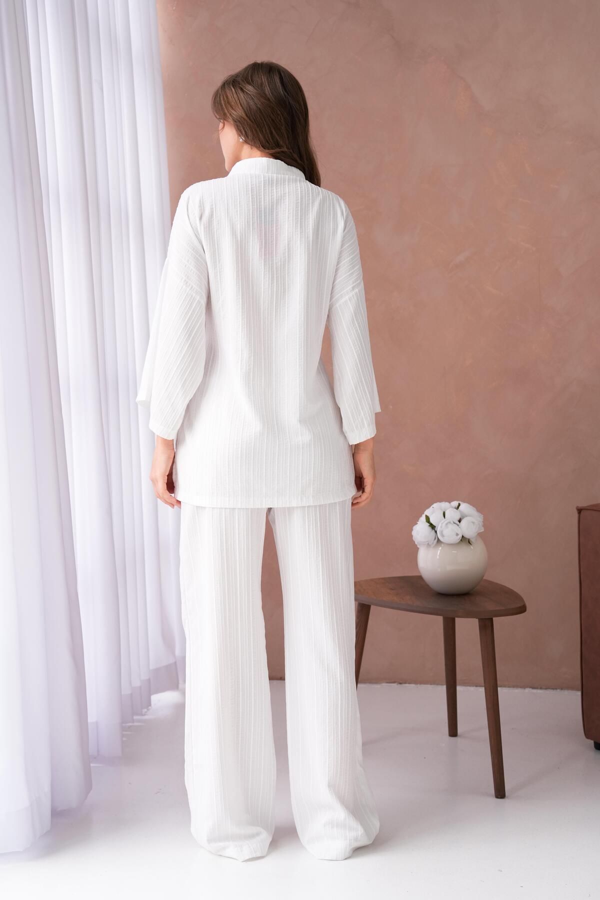 minaaise-White Print Kimono and Pants Set - Side Tie, Bottom/Top Set 29059 8