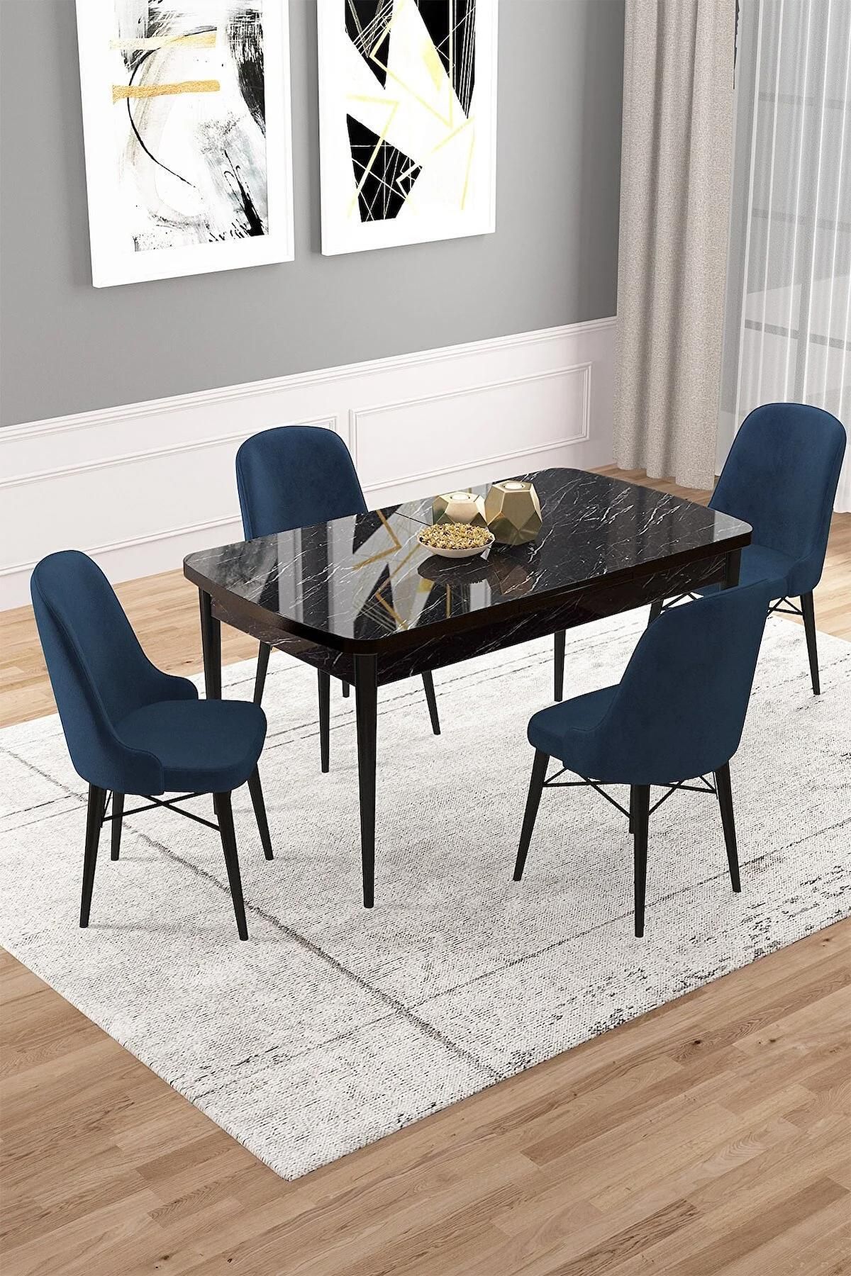 Vals Serisi Siyah Mermer 80x132 Açılabilir Mdf Mutfak Masası Takımı 4 Adet Lacivert Sandalye-0
