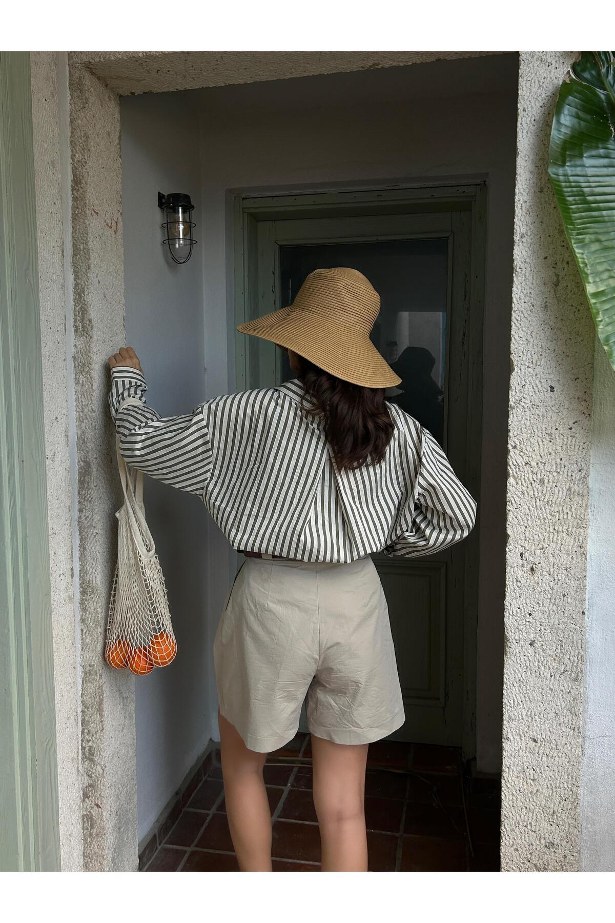 minaaise  Kadın Haki Çizgili Oversize Cep Detaylı Pamuklu Gömlek 29013 - Görsel 5