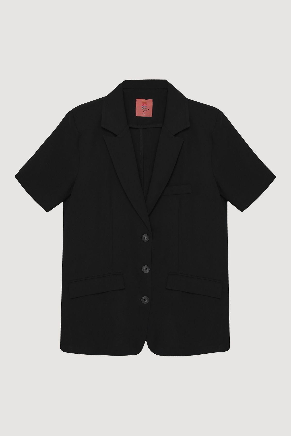 Quzu-Double Breasted Lapel Short Sleeve Blazer Jacket Black 1