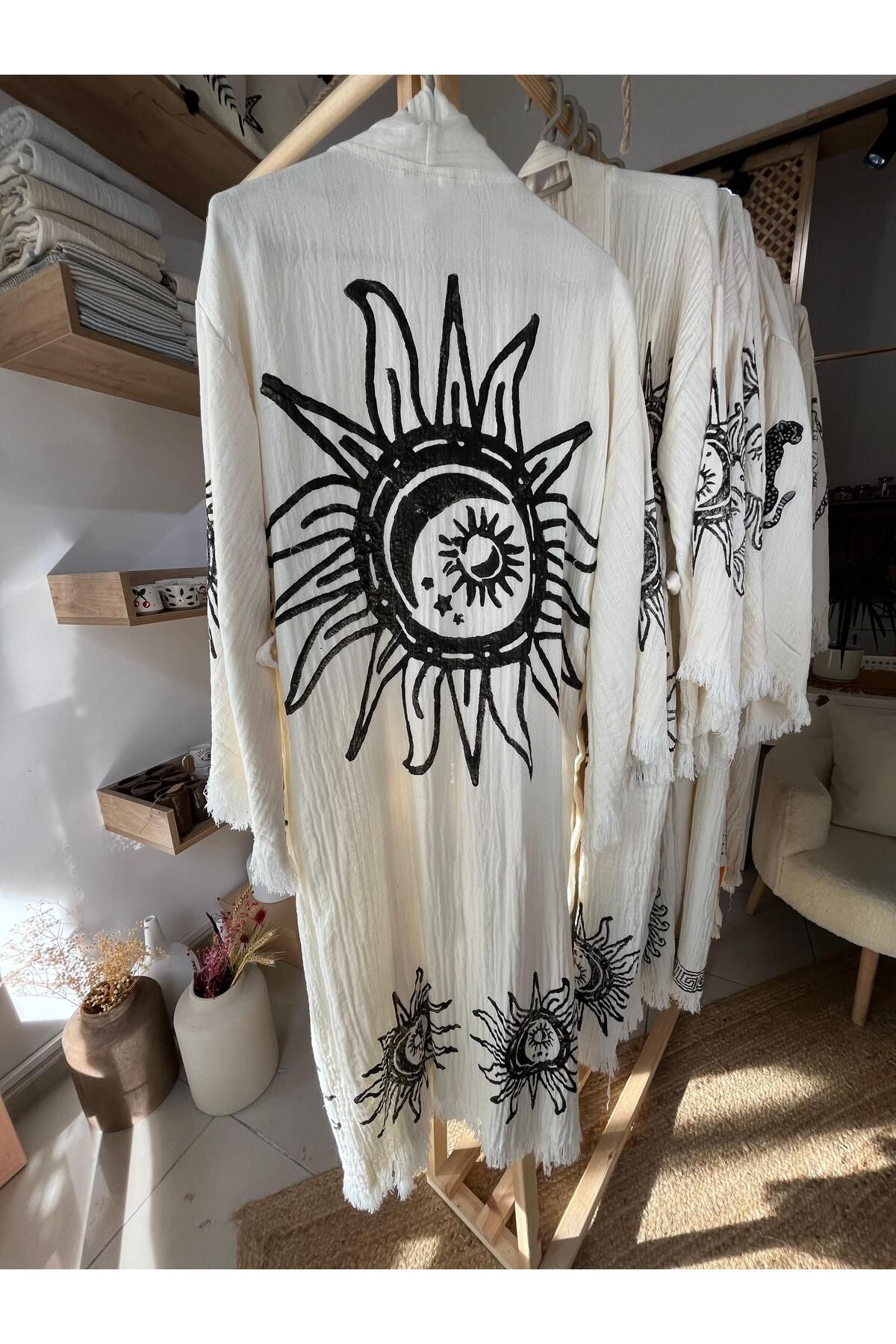 ANİKA %100 Pamuklu Güneş ve Ay Desenli Müslin Kimono Yeni Nesil Bornoz Kaftan Sabahlık - El Baskı