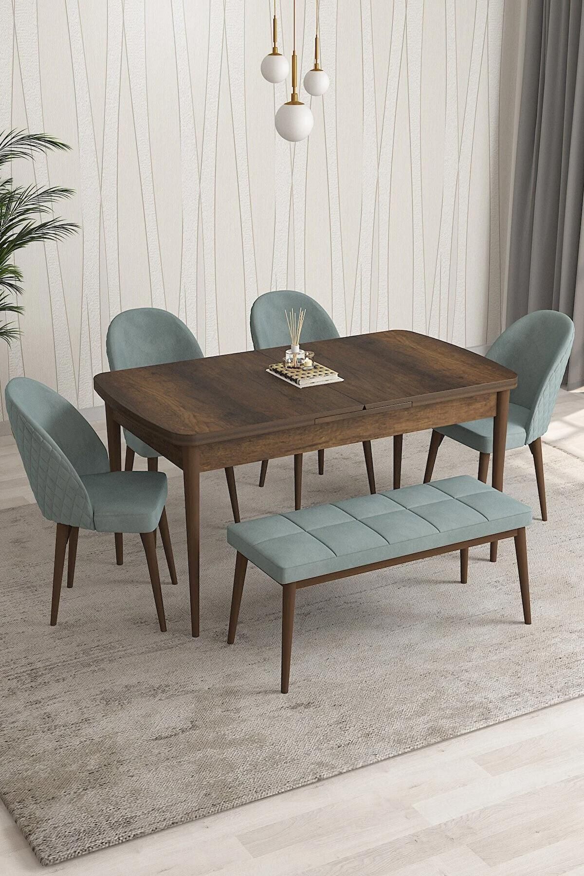 Arjeta Serisi Barok 80x132 Açılabilir MDF Mutfak Masası Takımı 4 Adet Yeşil Sandalye +1Bench-0