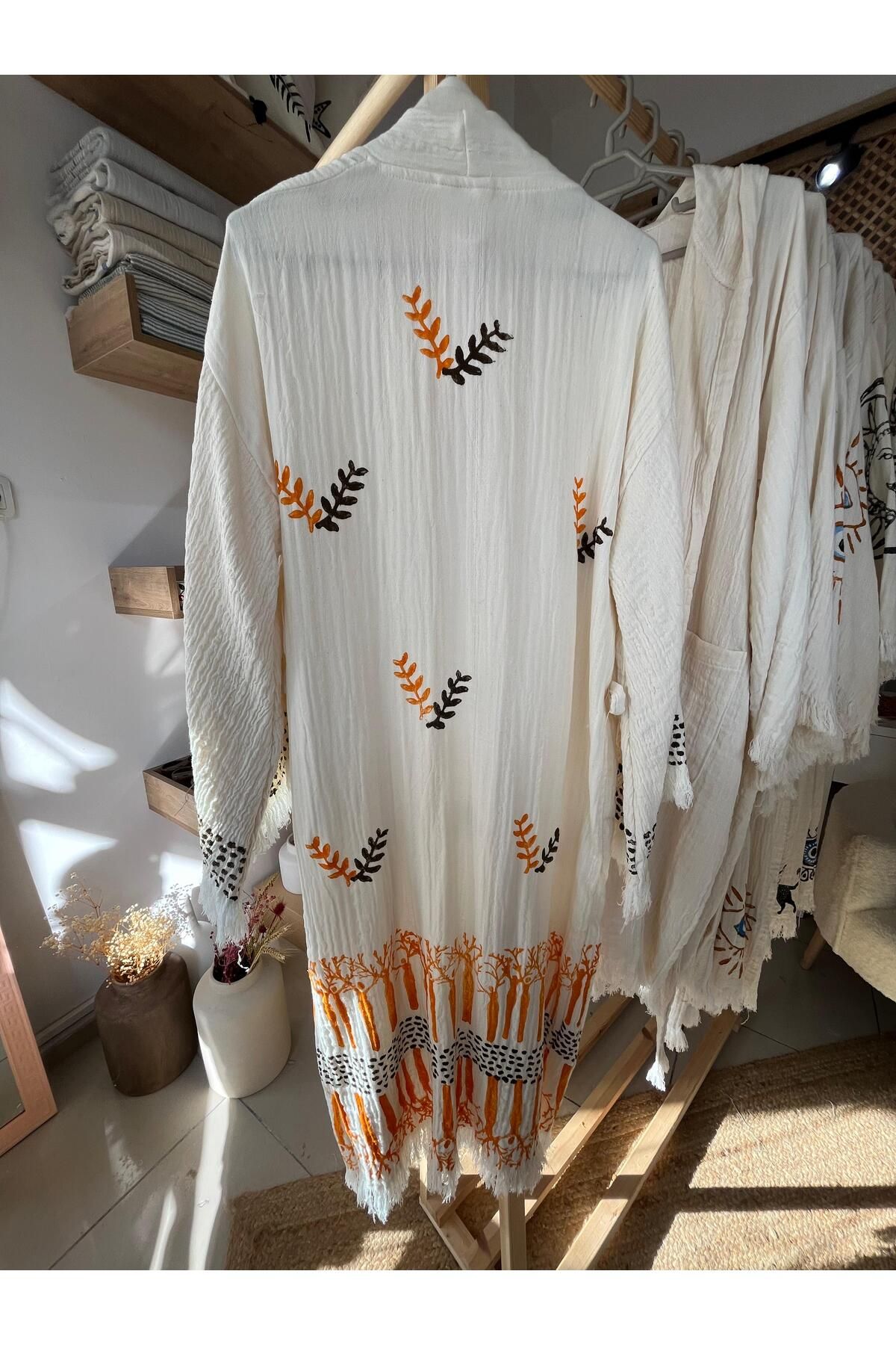 ANİKA %100 Pamuklu Etnik Desenli Müslin Kimono Yeni Nesil Bornoz Kaftan Sabahlık - El Baskı