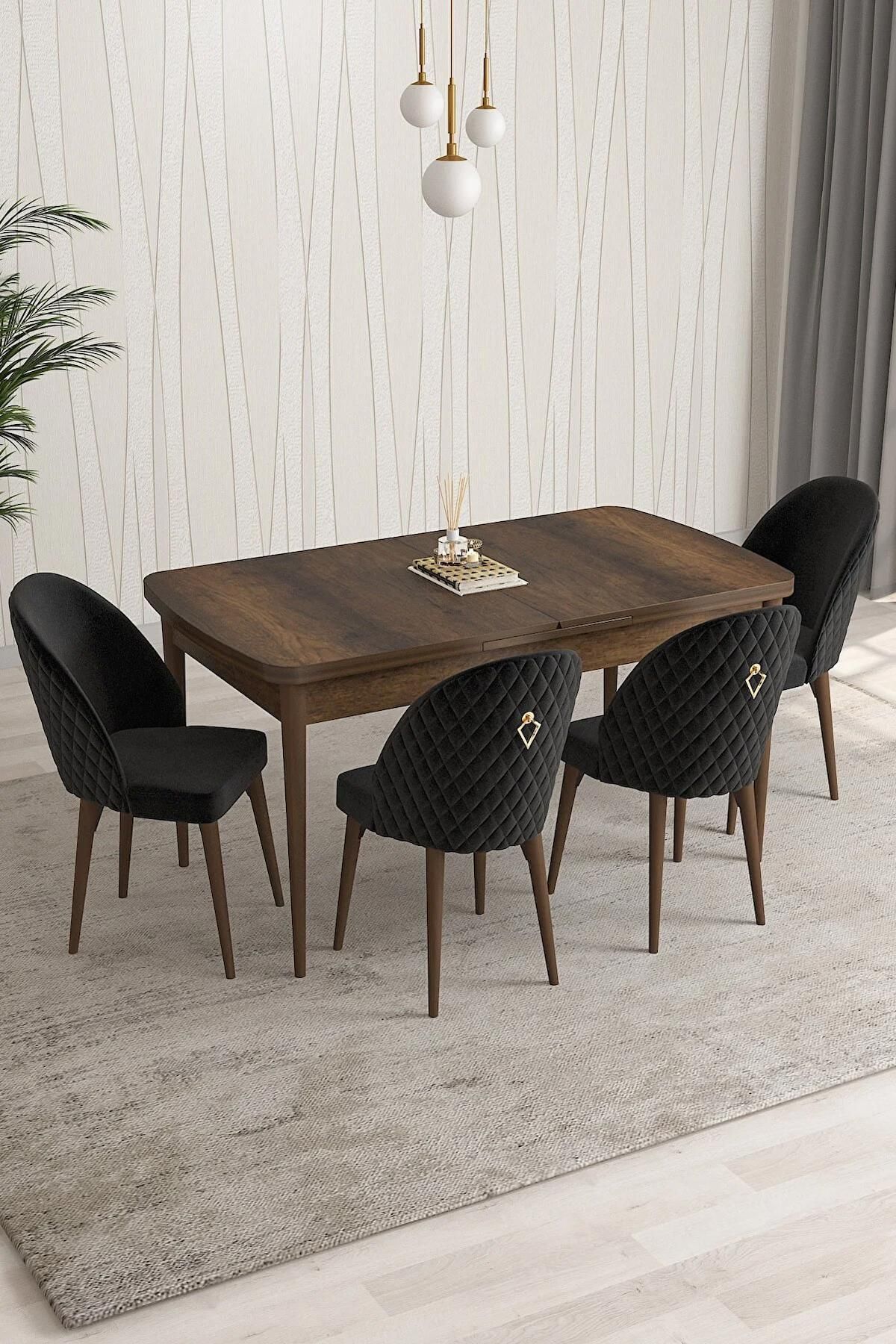 Arjeta Serisi Barok 80x132 Açılabilir MDF Mutfak Masası Takımı 4 Adet Siyah Sandalye-0
