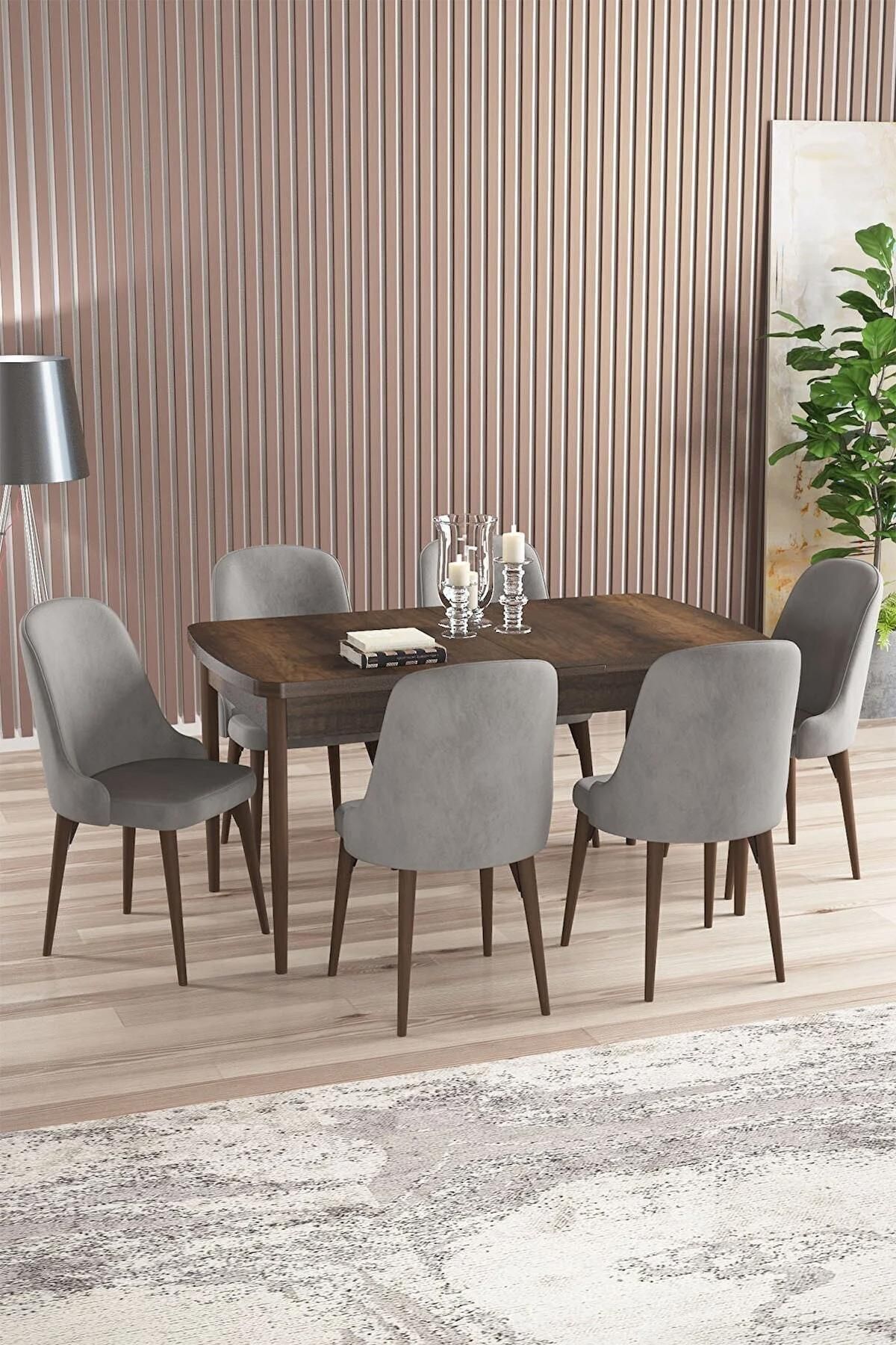 Armin Serisi Meşe 80x132 Açılabilir MDF Mutfak Masası Takımı 6 Adet Gri Sandalye
