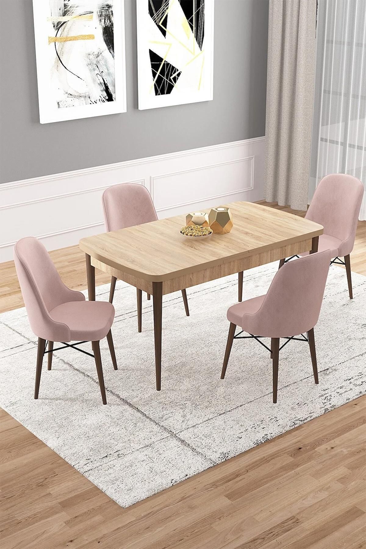 Vals Serisi Meşe 80x132 Açılabilir MDF Mutfak Masası Takımı 4 Adet Pembe Sandalye-0