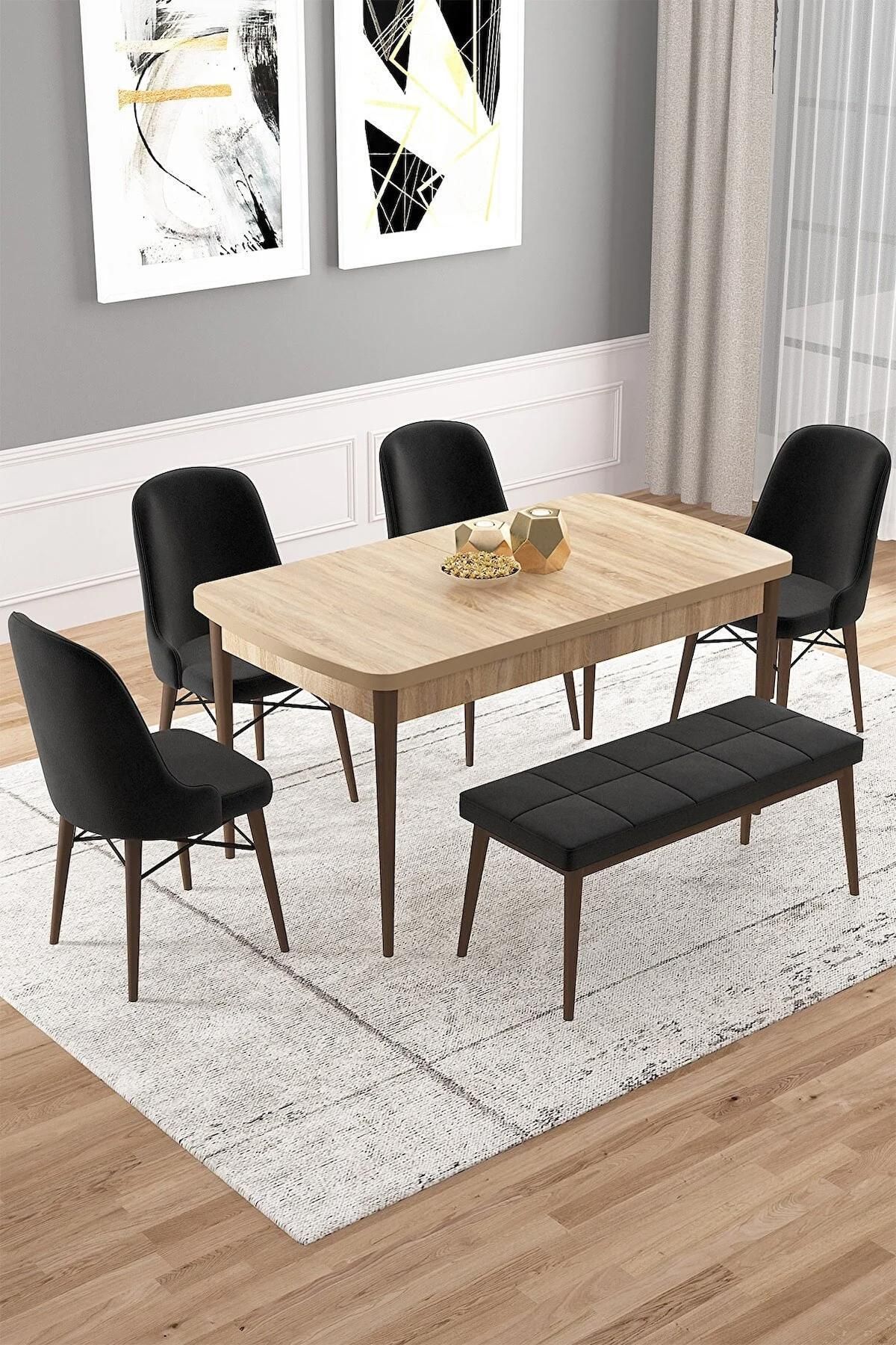 Vals Serisi Meşe 80x132 Açılabilir MDF Mutfak Masası Takımı 4 Adet Siyah Sandalye +1 Bench-0