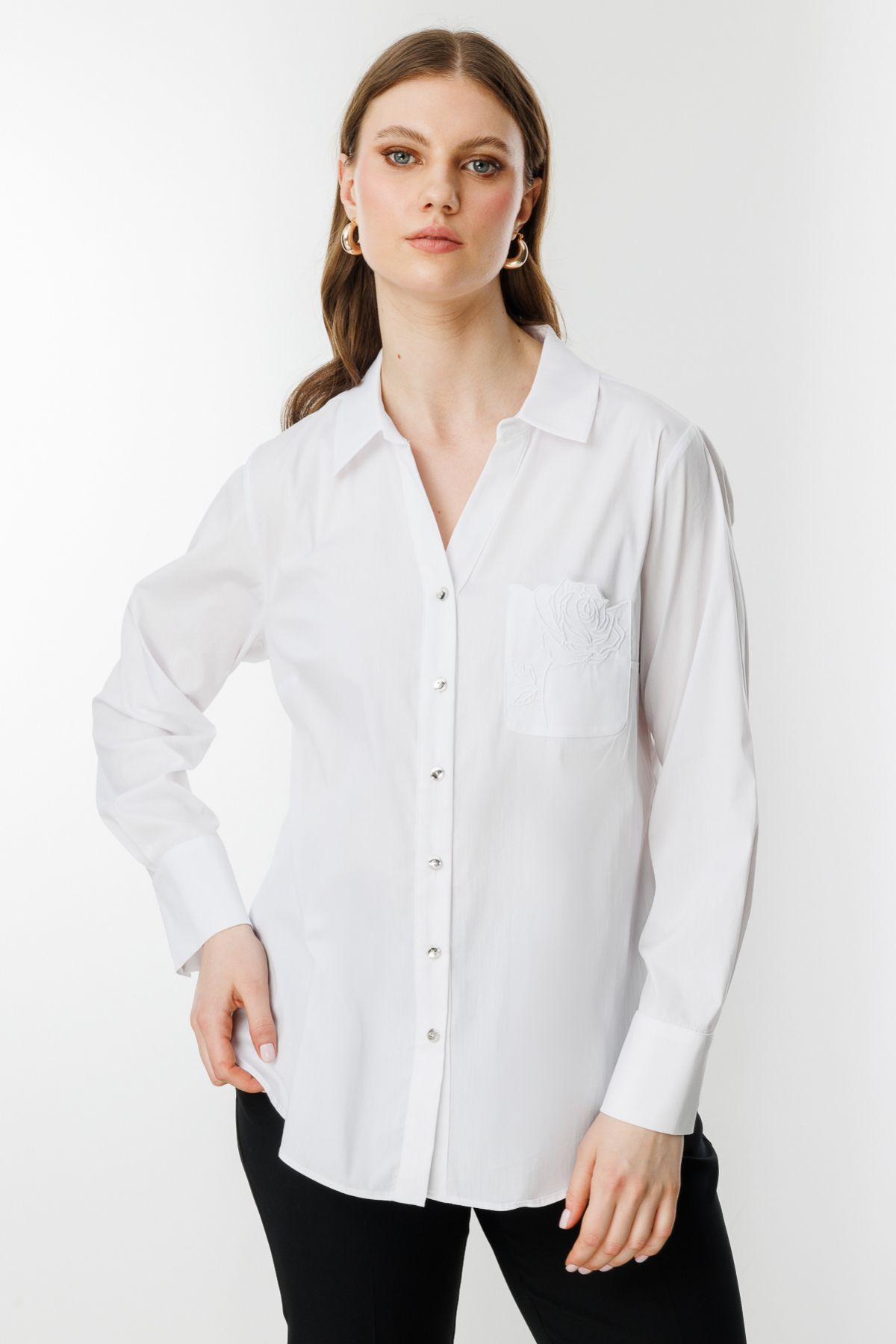 Ekol-Polo Neck Rose Embroidered Pocket Shirt 2