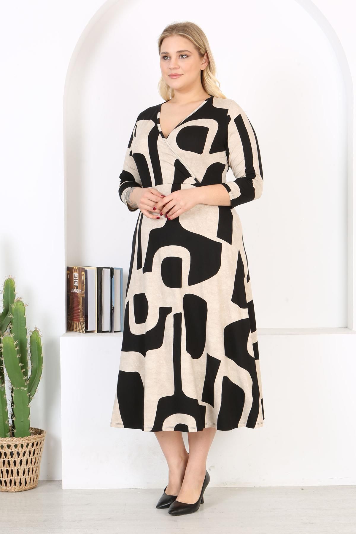 Mooi XXL-Rochie maxi de damă, negru, bej, cu imprimeu asimetric, cu mânecă lungă, cu rever dublu 2