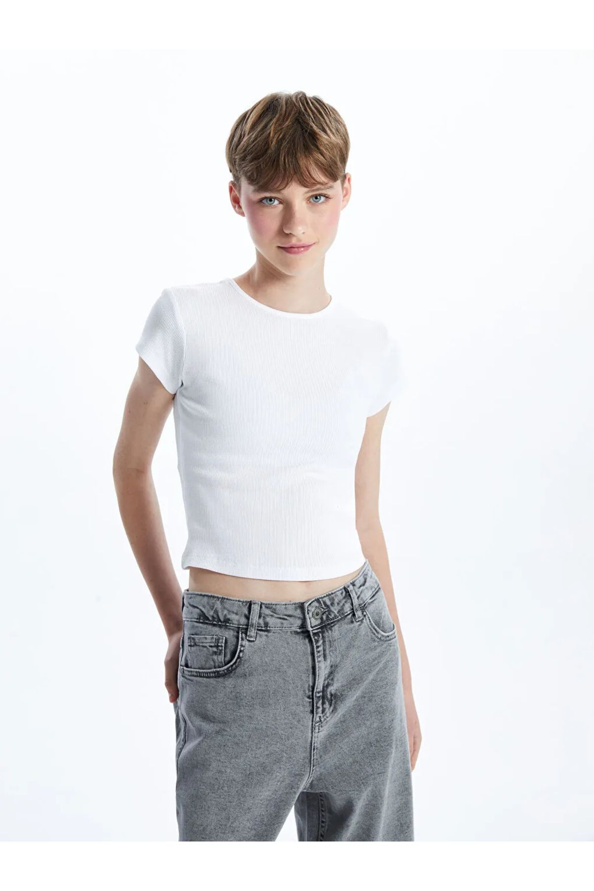 LC Waikiki Xside Crop T T Pentru Femei Cu Decolteu Alb Texturat Femeie - L