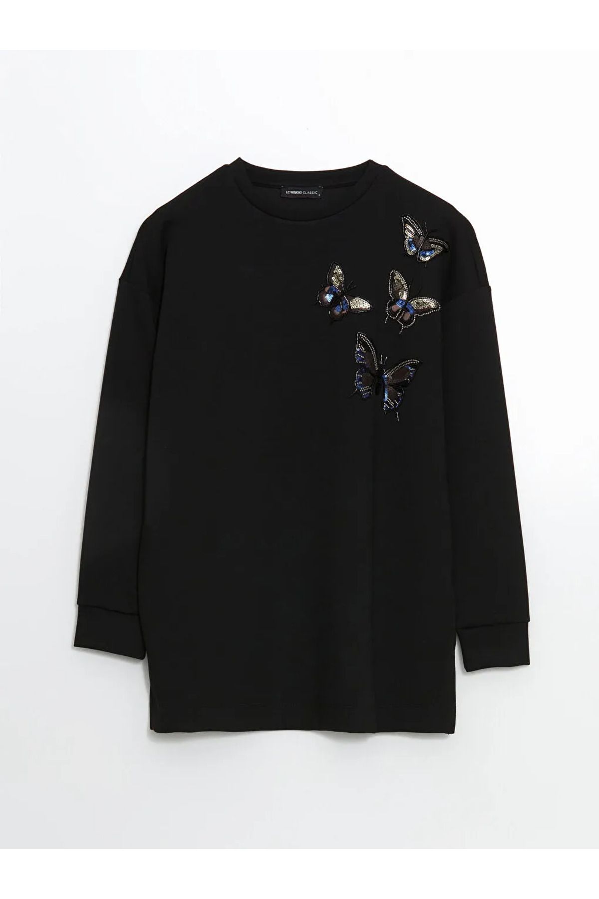 LC Waikiki-Lcwaikiki Classic Black Crew Neck Butterfly Embroidered Women's Tunic 1