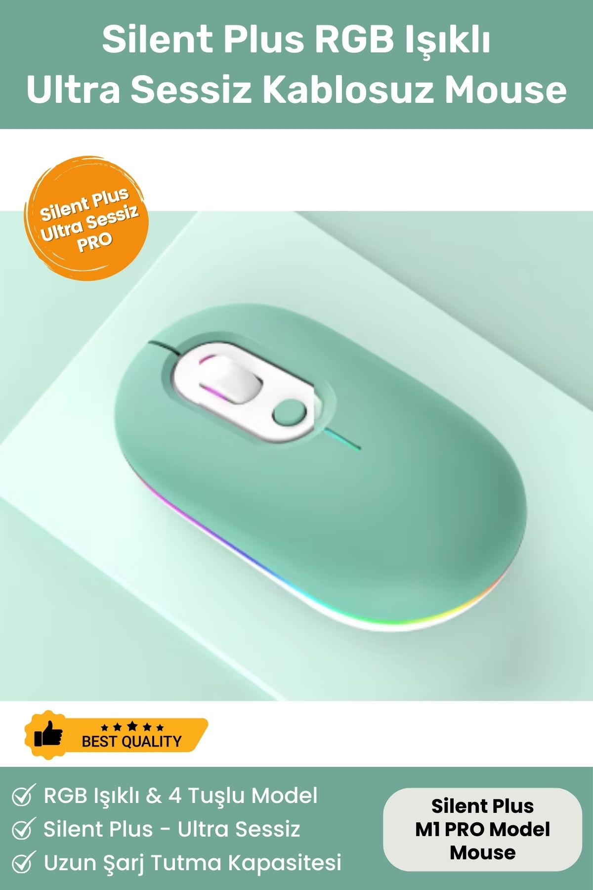 Noriyen Silent PlusRGB Işıklı Ultra Sessiz 4 Tuşlu USB 2.4G Uyumlu Şarjlı Kablosuz Wireless Bluetooth  Mouse