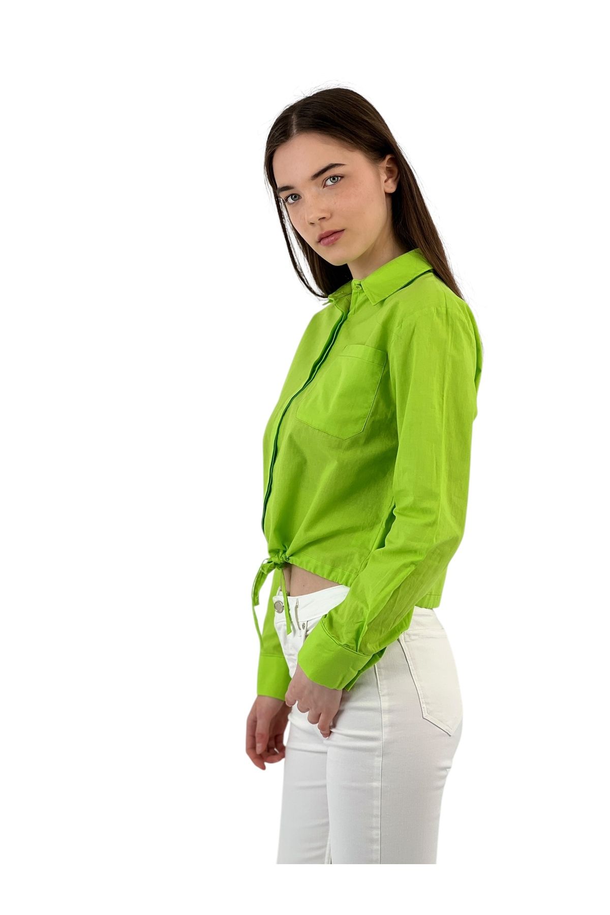 Miss Poem-Women's Drawstring Short Pocket Basic Crop Green Shirt 3