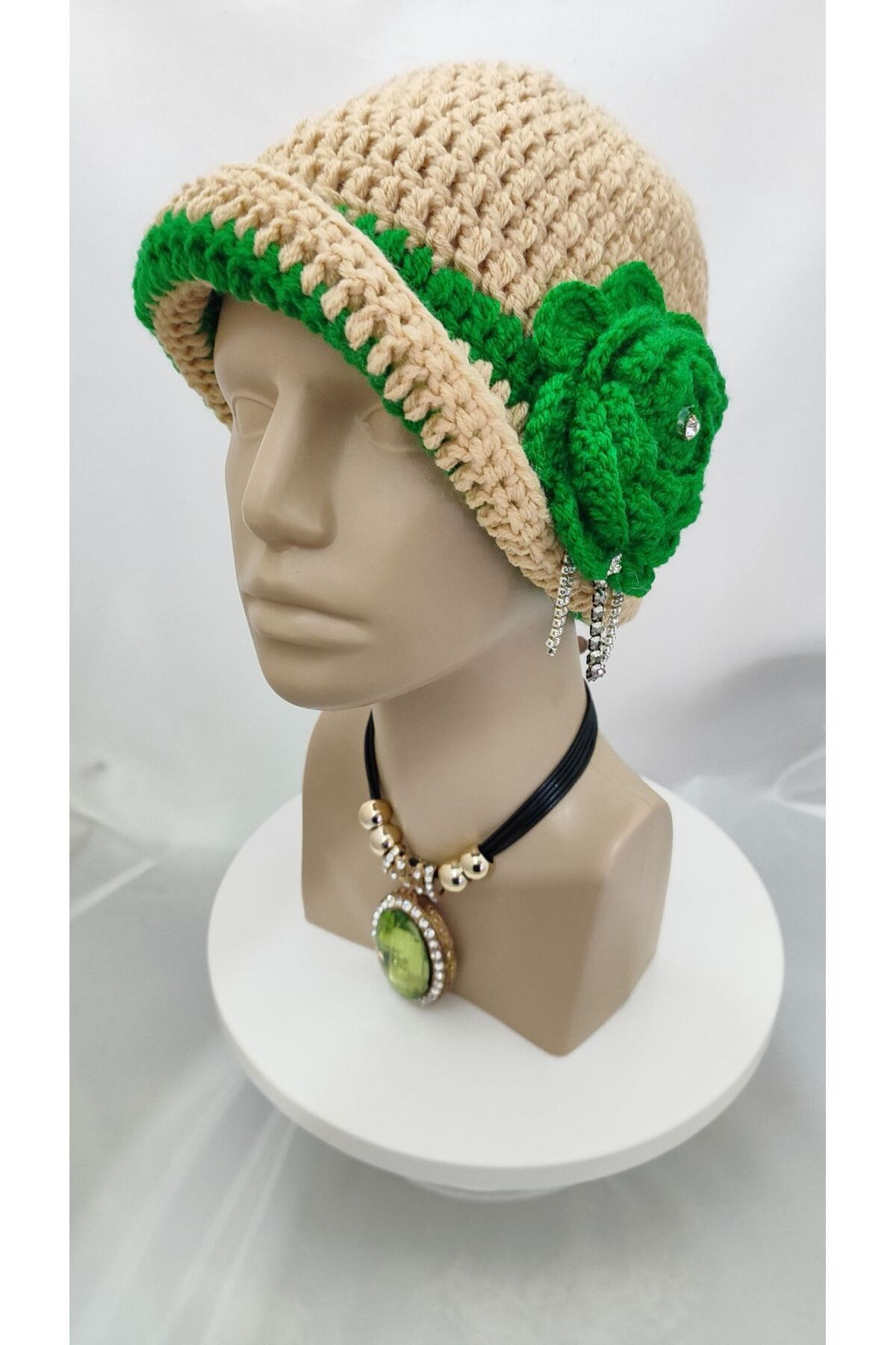 drt tasarım-Green Beret - Mocha Mousse Design, Large Floral Hand Knitted Crochet 6