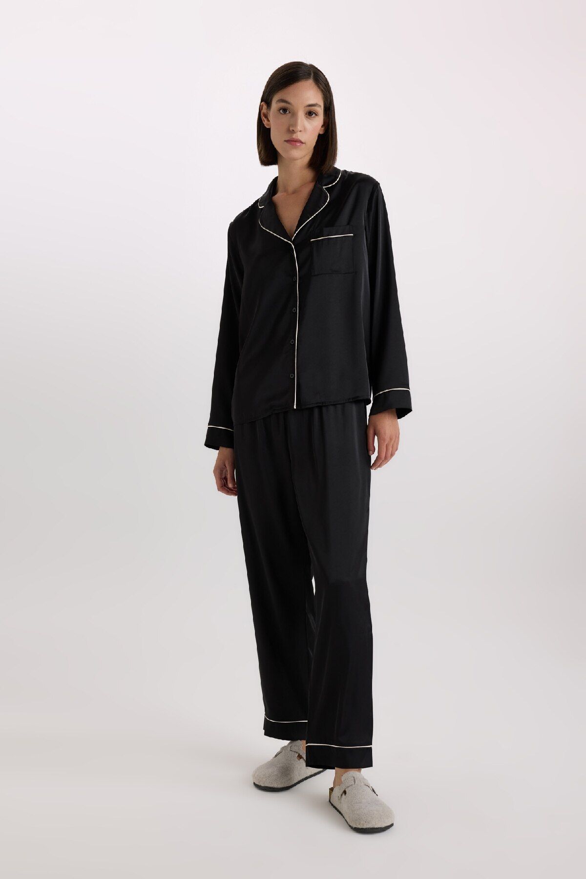 DeFacto-Fall in Love Satin Pajamas Set for Valentine's Day - Long Sleeves, Stretchy Waist, Long Sleepwear Bottoms 2