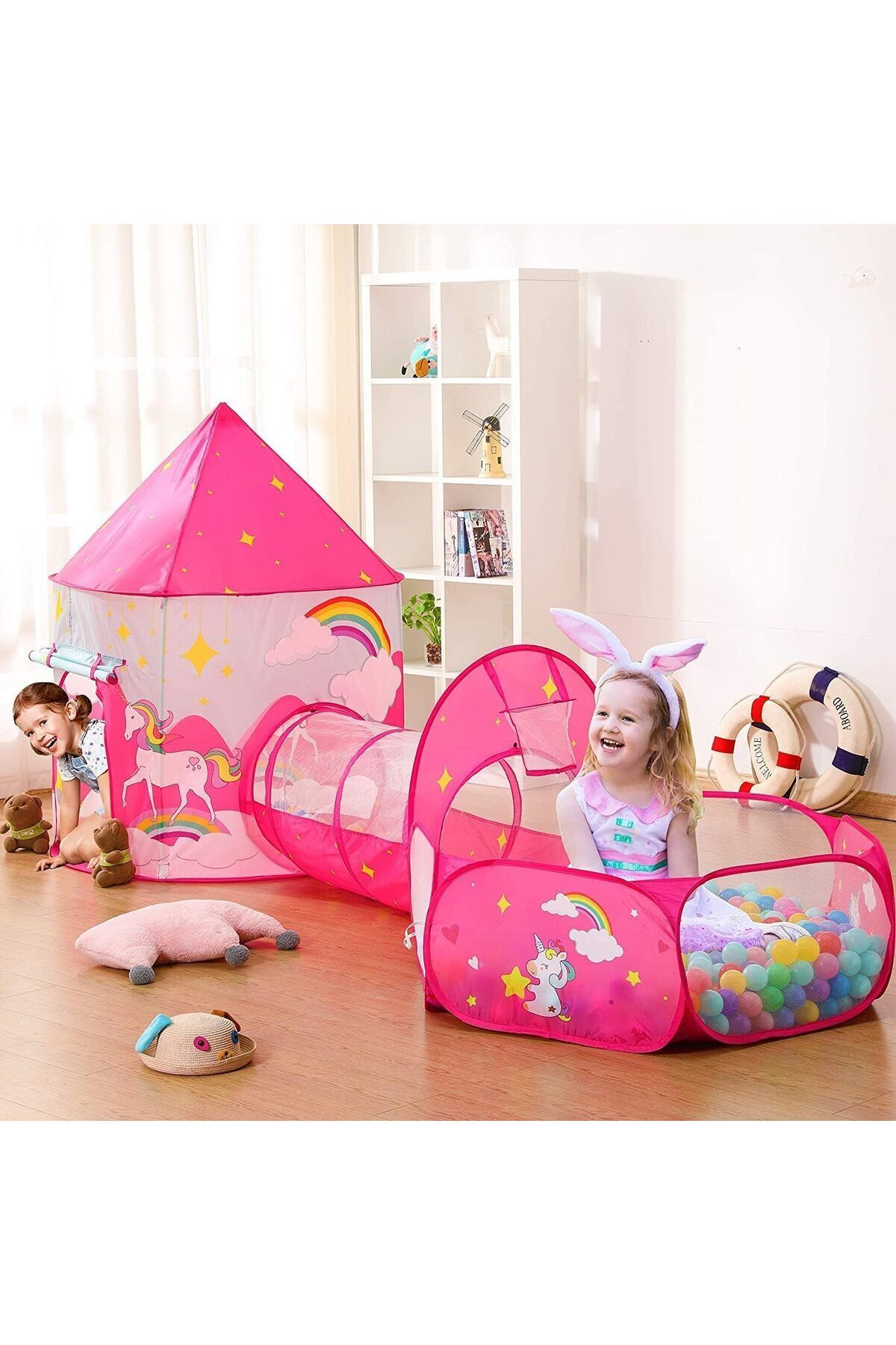 Yelajoy-3 pcs Unicorn Tent Toy,Crawl Tunnel,Ball Pit Pink with Basketball Hoop,for Boys and Girls Play 4