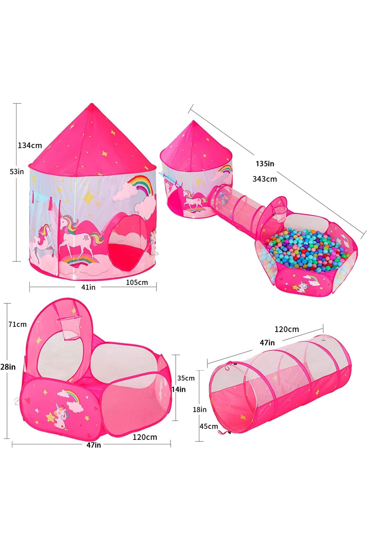 Yelajoy-3 pcs Unicorn Tent Toy,Crawl Tunnel,Ball Pit Pink with Basketball Hoop,for Boys and Girls Play 3