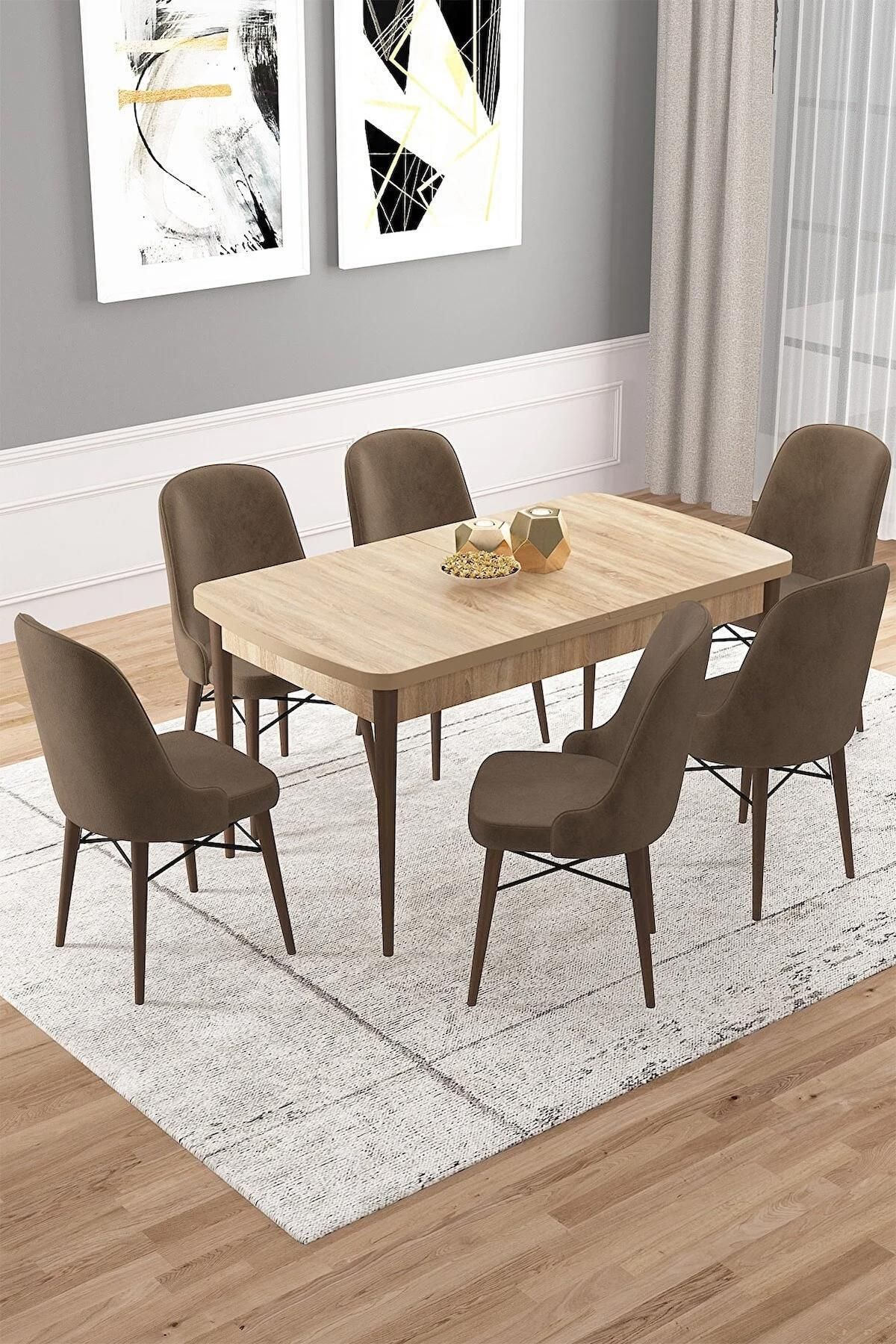 Vals Serisi Meşe 80x132 Açılabilir MDF Mutfak Masası Takımı 6 Adet Kahve Sandalye