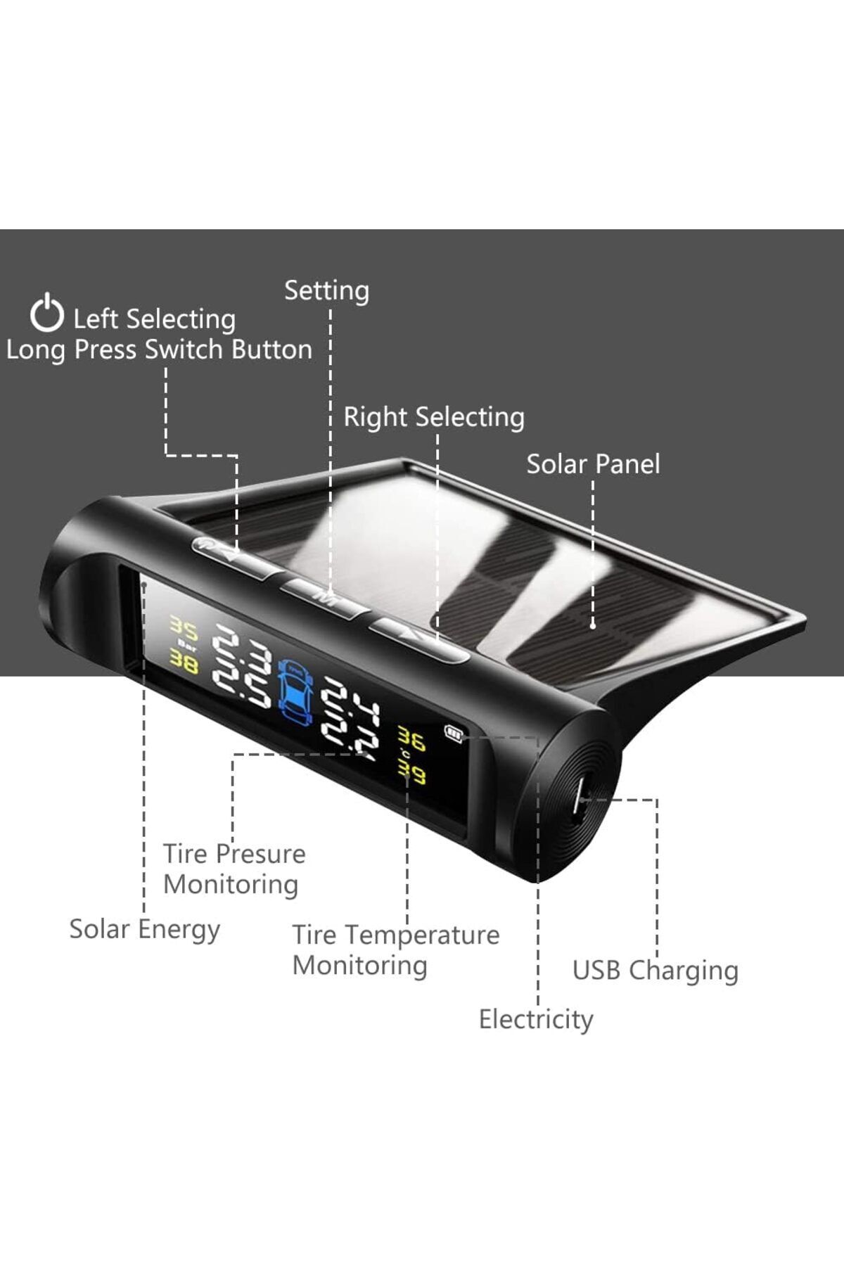 fulina-Tire Pressure Monitoring System, Digital LCD Display,USB Auto Security Alarm Tire Pressure Sensor 3
