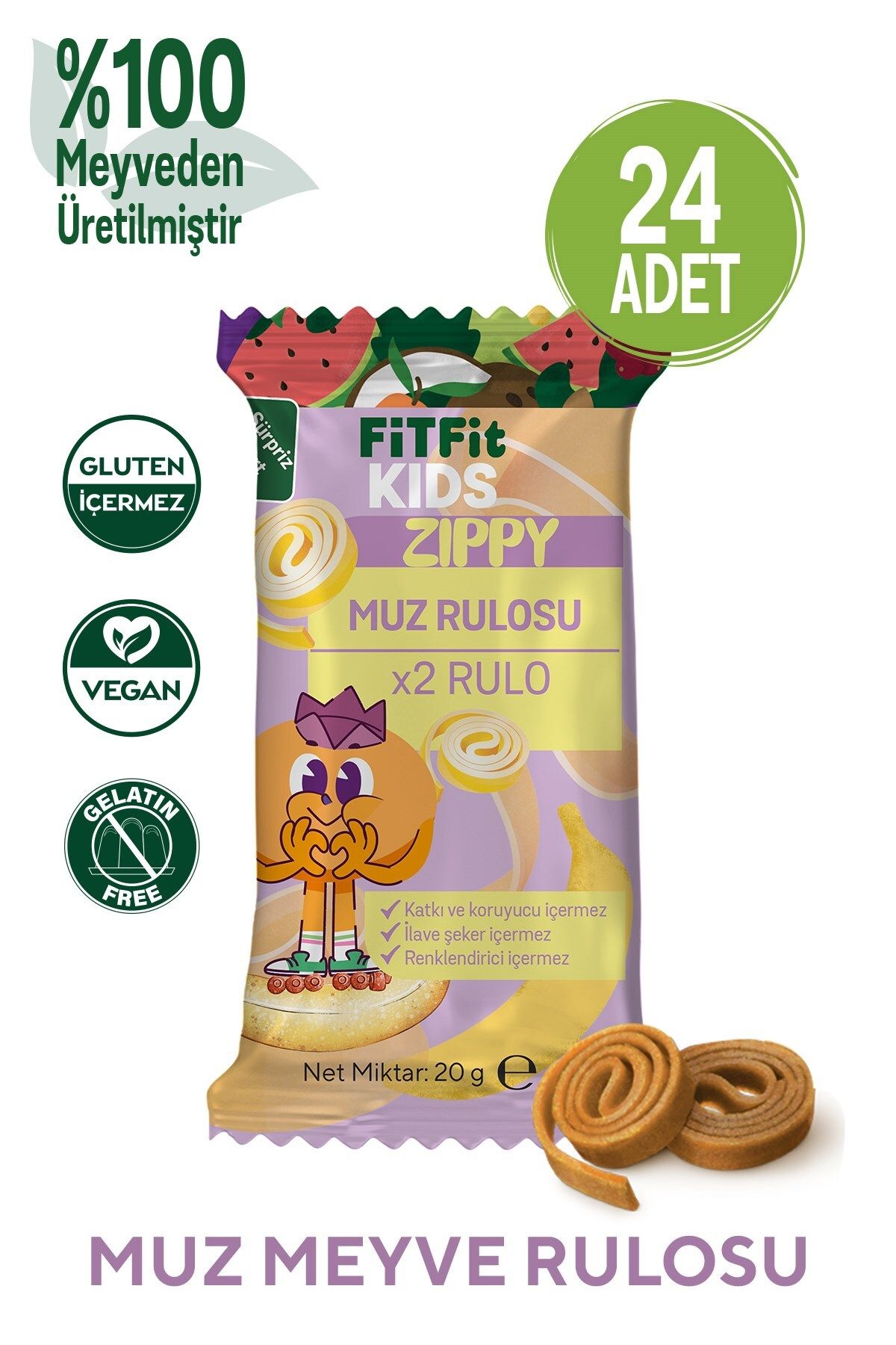 FitFit Çocuk Muz Meyve Rulosu Glutensiz Doğal Meyveli Sağlıklı Atıştırmalık 20GR X 24 ADET