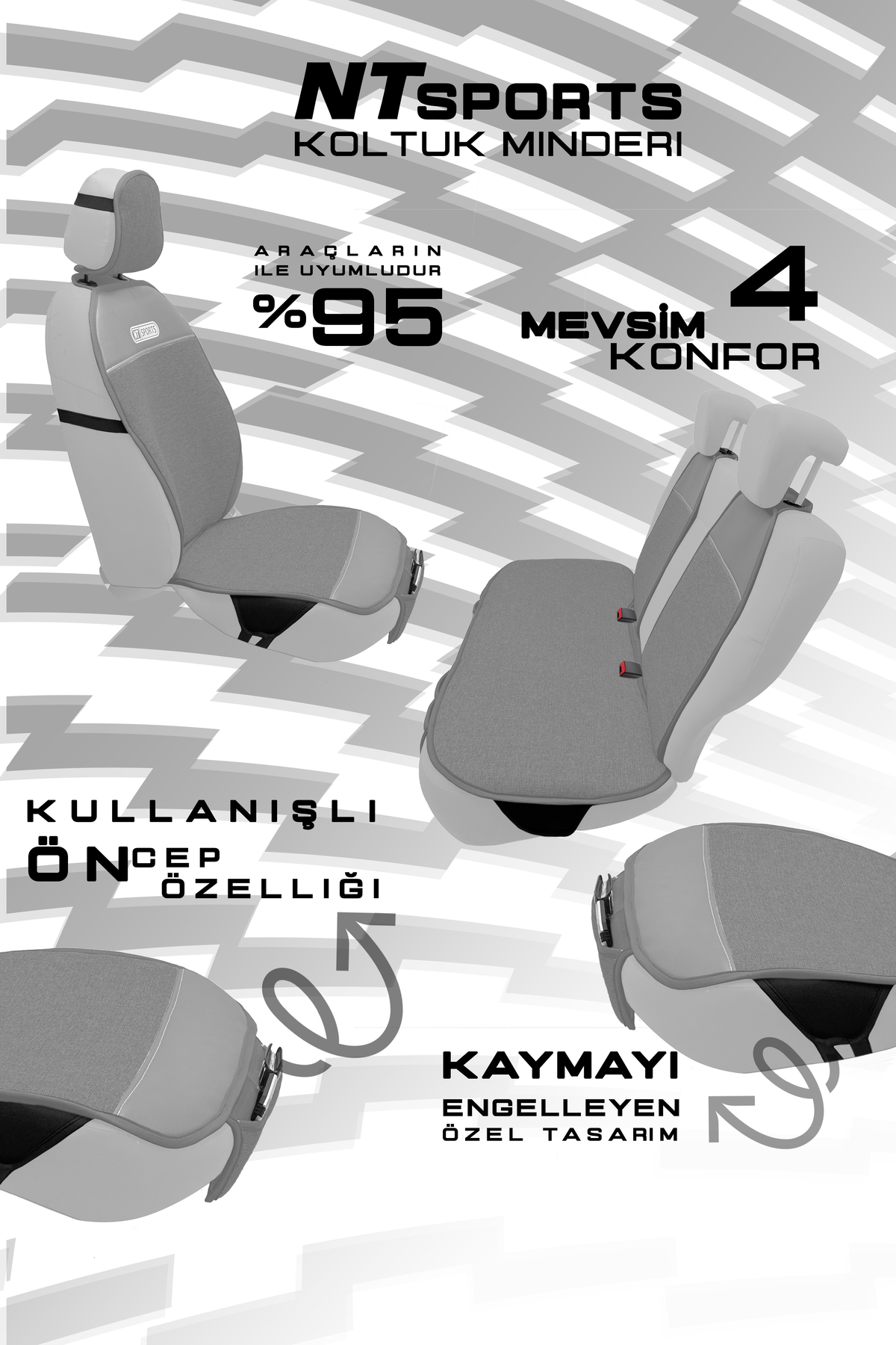 NATOCONCEPT Nt Sport Serisi 5 Parça Su Geçirmez Keten Araba Koltuk Minderi - Gri fotoğrafı 3 (önizleme)